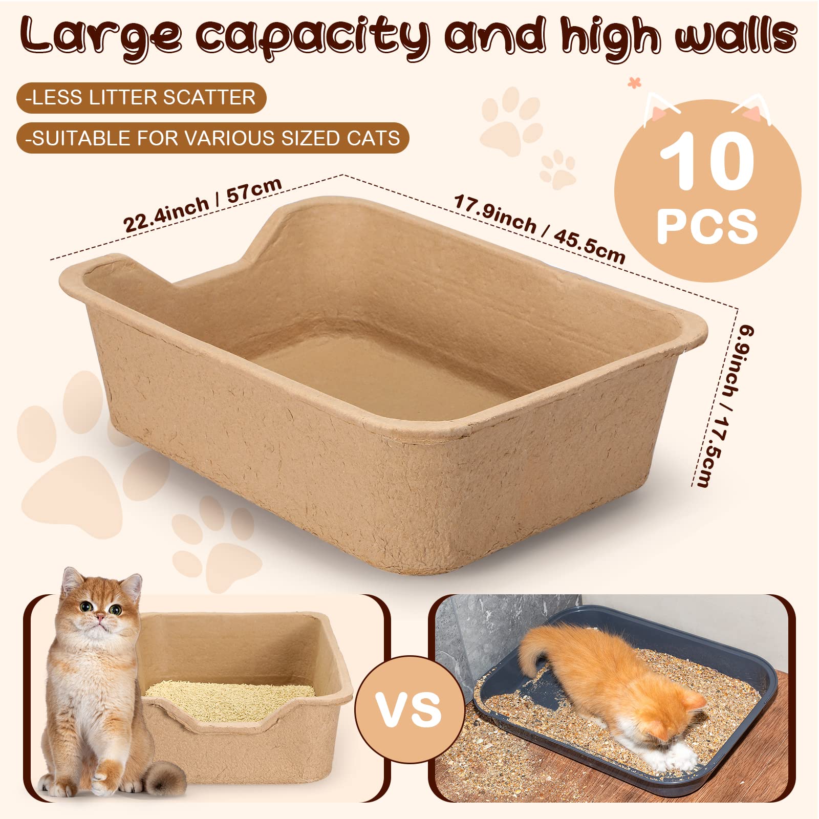 Harloon 10 Pack Extra Large Disposable Cat Litter Box 22.4 X 17.9 X 6.9'' Paper Cat Litter Tray Pet Litter Pan Large Disposable