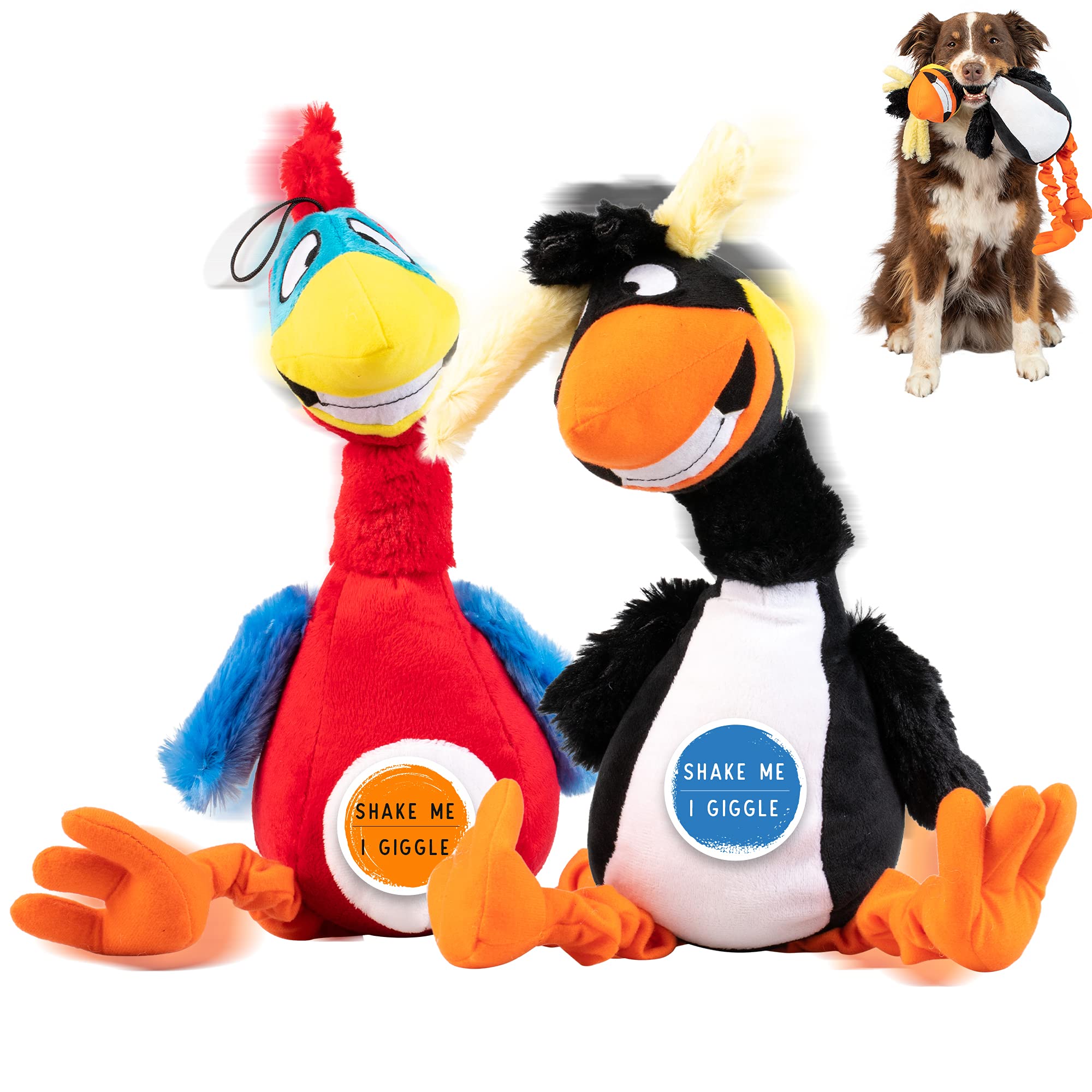 Pet Craft Supply Giggling Puffin & Parrot Multi Pack Interactive Dog Toys With Sound For Large Breed And Small Dogs Soft Chew Pl