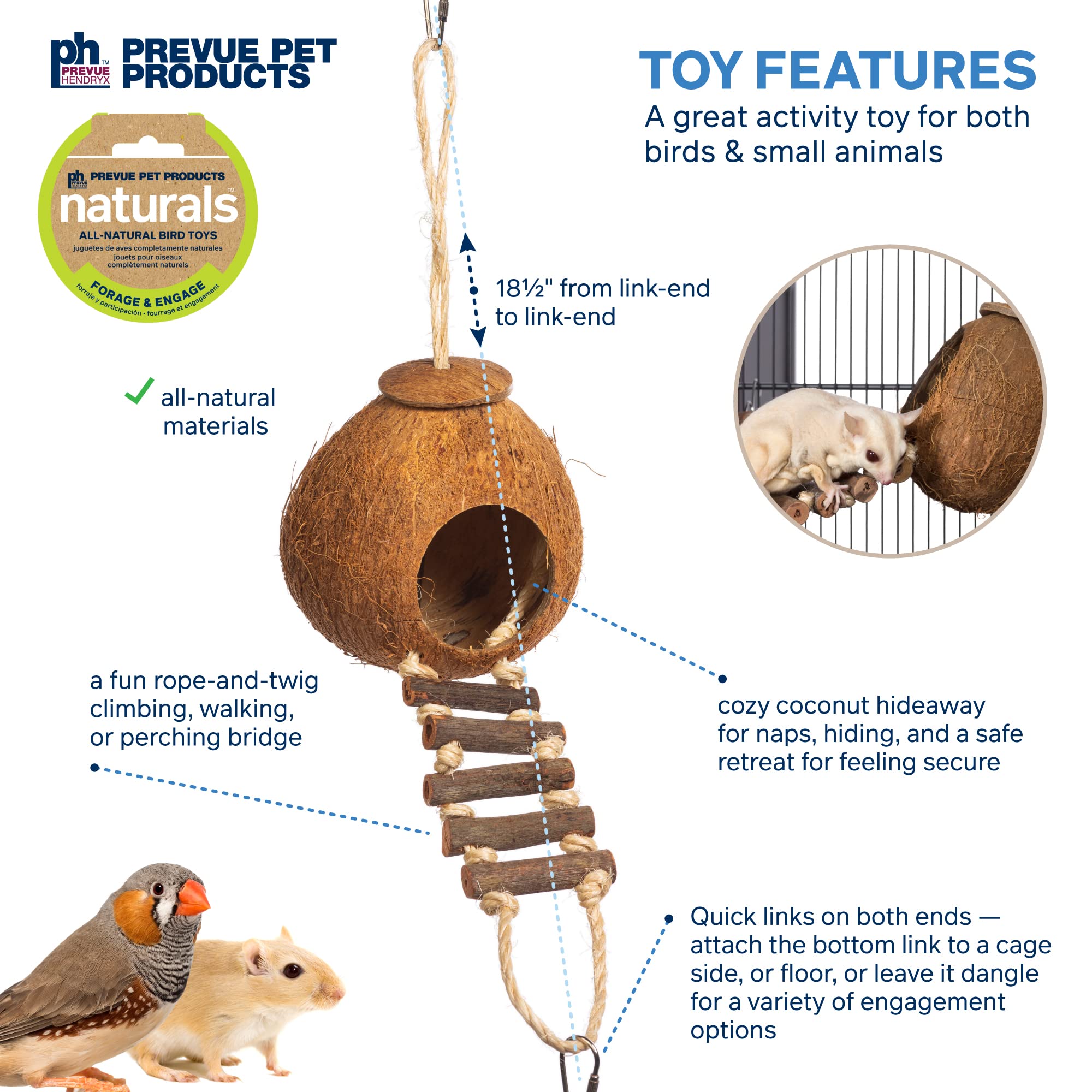 Prevue Hendryx 62801 Naturals Coco Hideaway With Ladder Bird Toy (3 Pack)