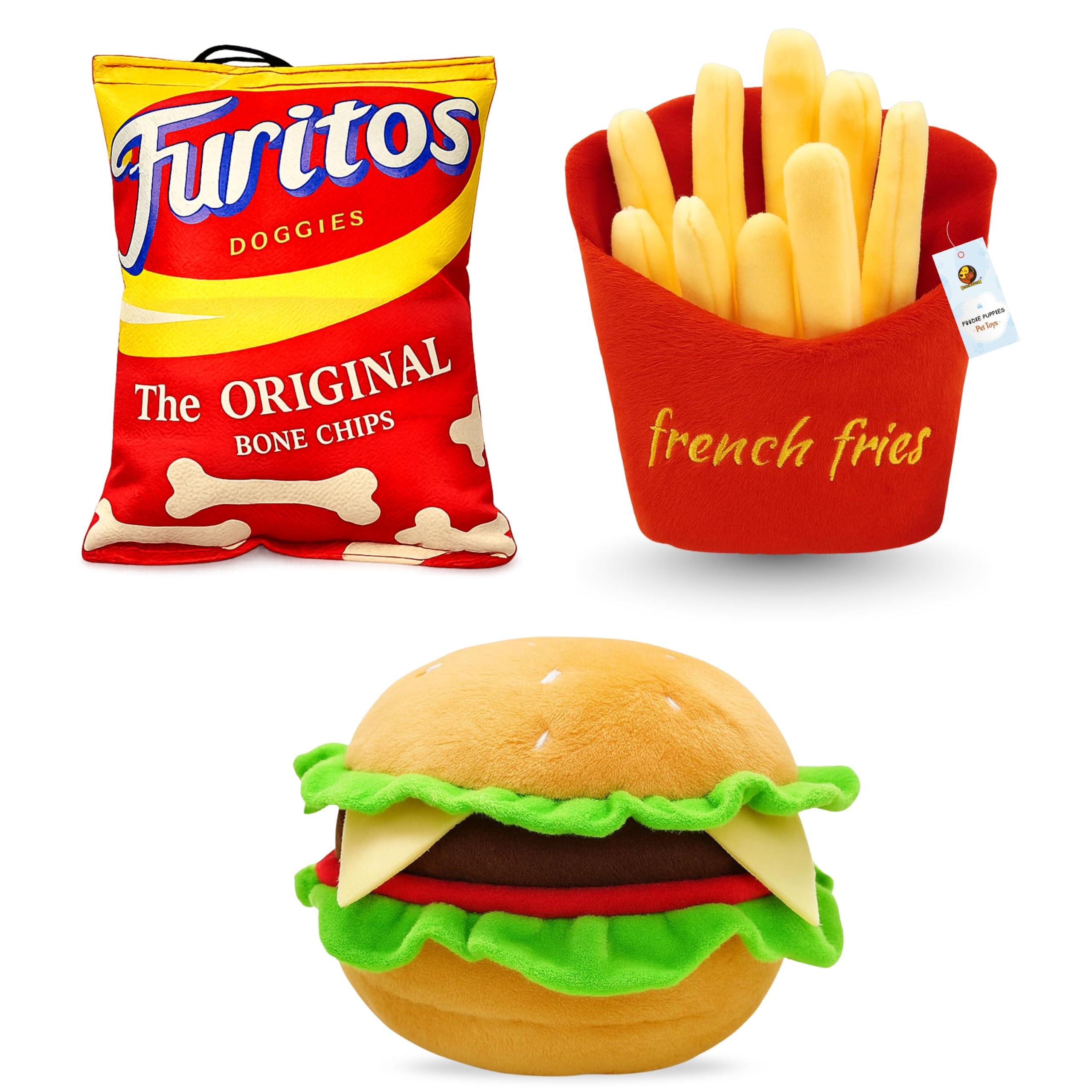 Foodie Puppies 3In1 Squeaky Plush Dog Toy Combo (Chips, Burger & French Fries) For Small To Medium Dogs | Durable BiteResista