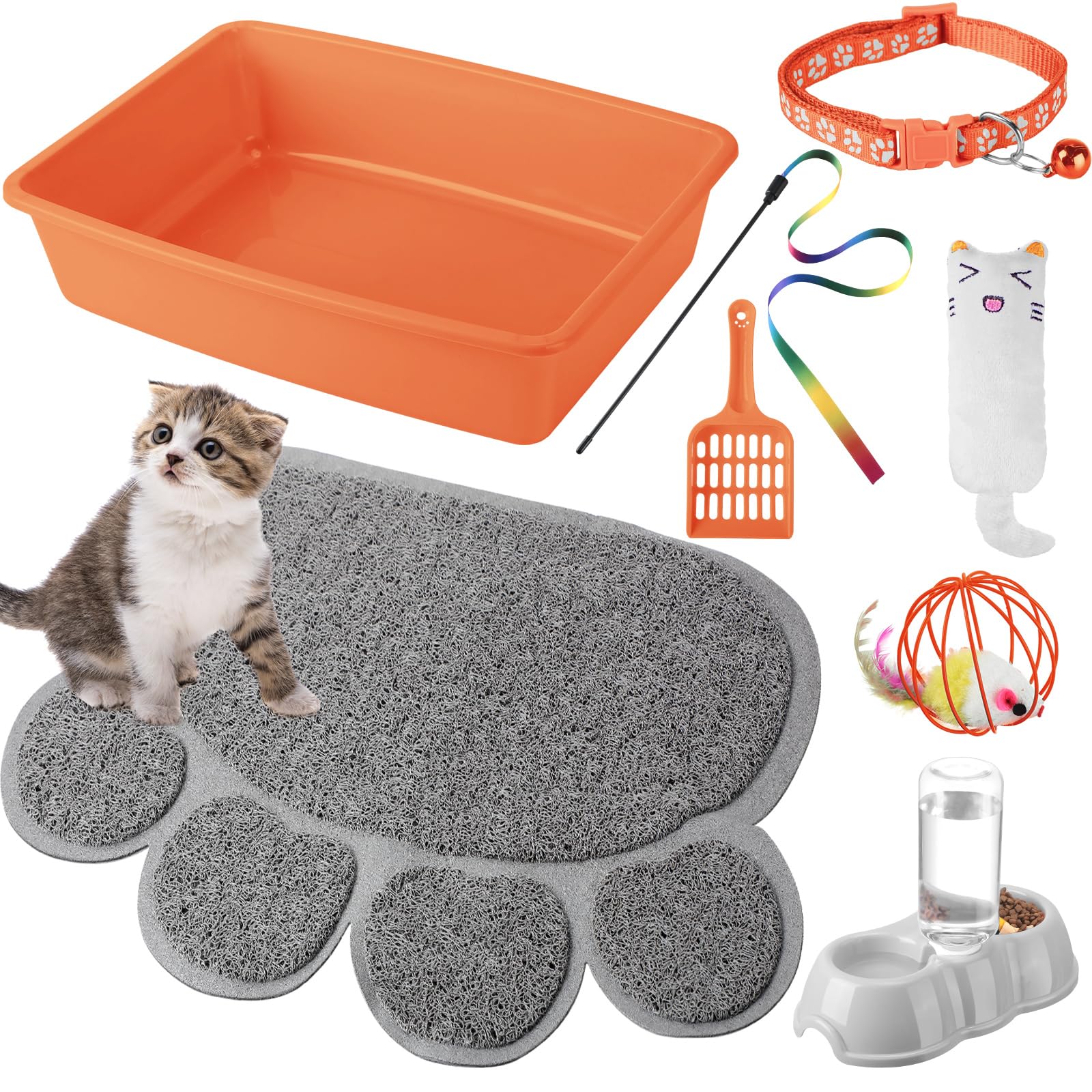 7 Pcs Small Cat Kitten Starter Kit Cat Litter Box with Shovel Paw Litter Mat Double Automatic Kitten Bowls Toy Teaser Stick Coll