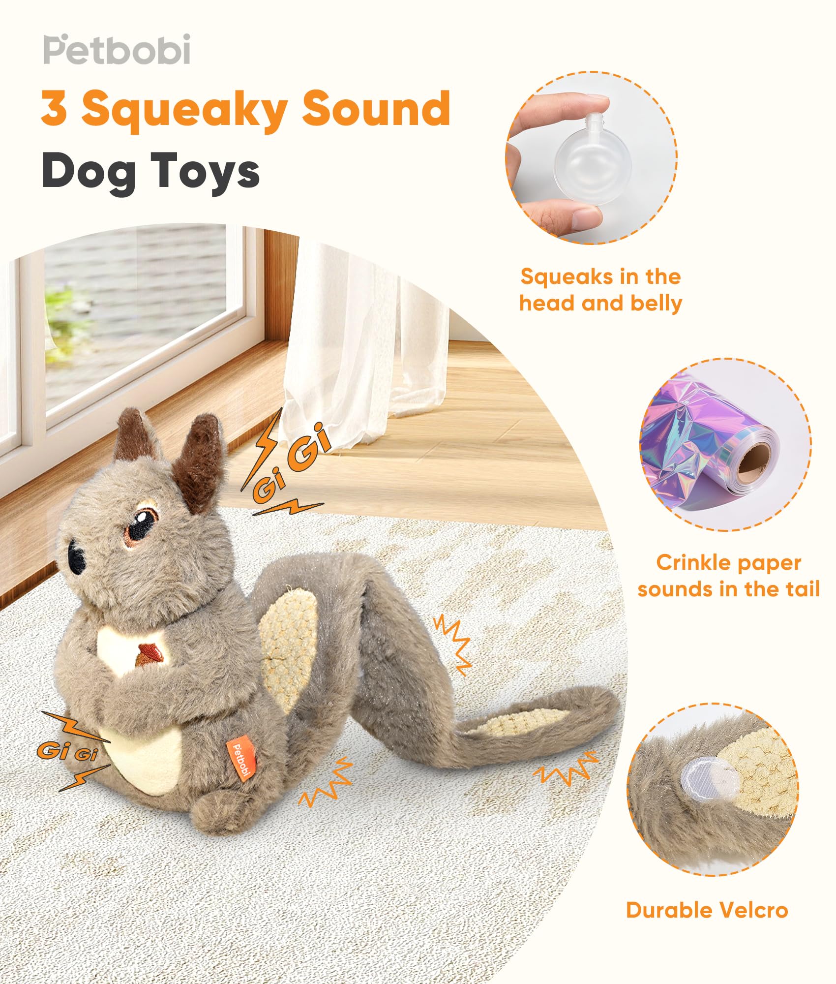 Petbobi Squeaky Dog Toy - Interactive Plush Squirrel Enrichment Toy with Treat-Hiding Pockets & Slow Feeder Puzzle for Small & M