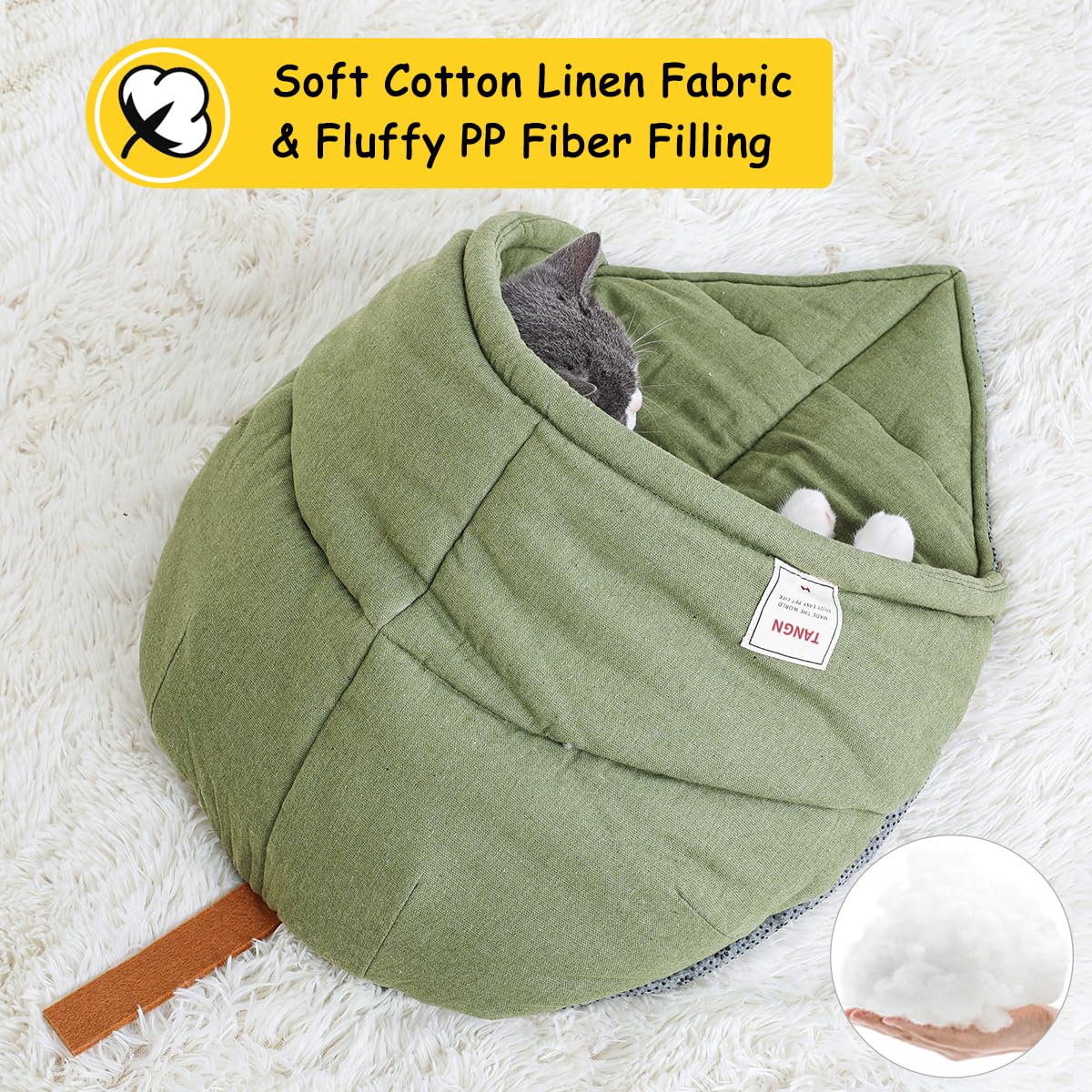 TANGN Cat Sleeping Bag,Linen Fabric Cat Bed Cave Leaf Nest Pet Cuddle Zone Covered Hide Hood Burrowing Cozy Soft Durable Washabl