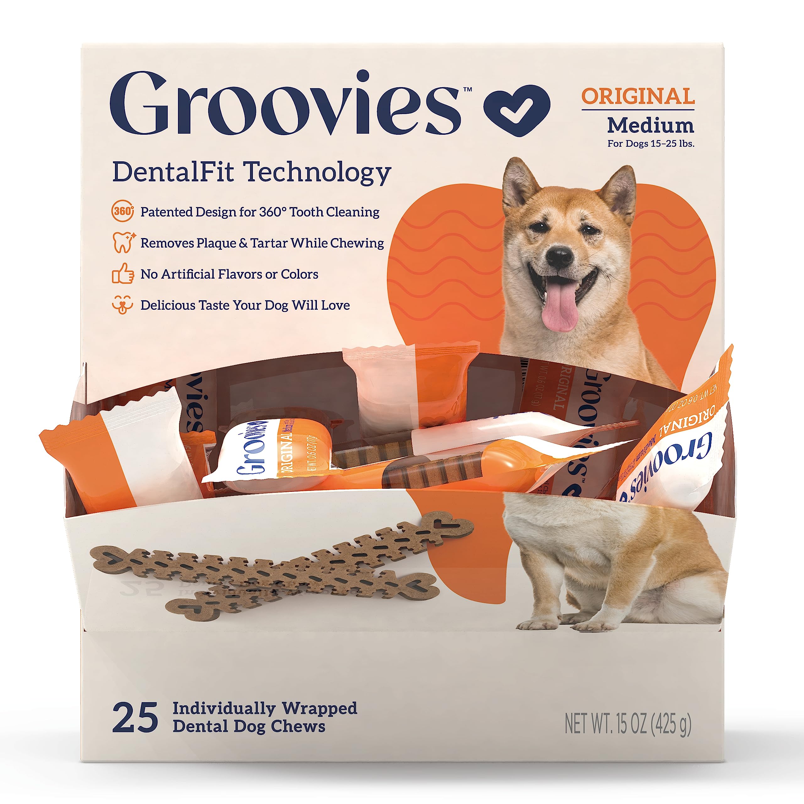 Groovies Original Dog Dental Chew Individually Wrapped Medium (25 ea)
