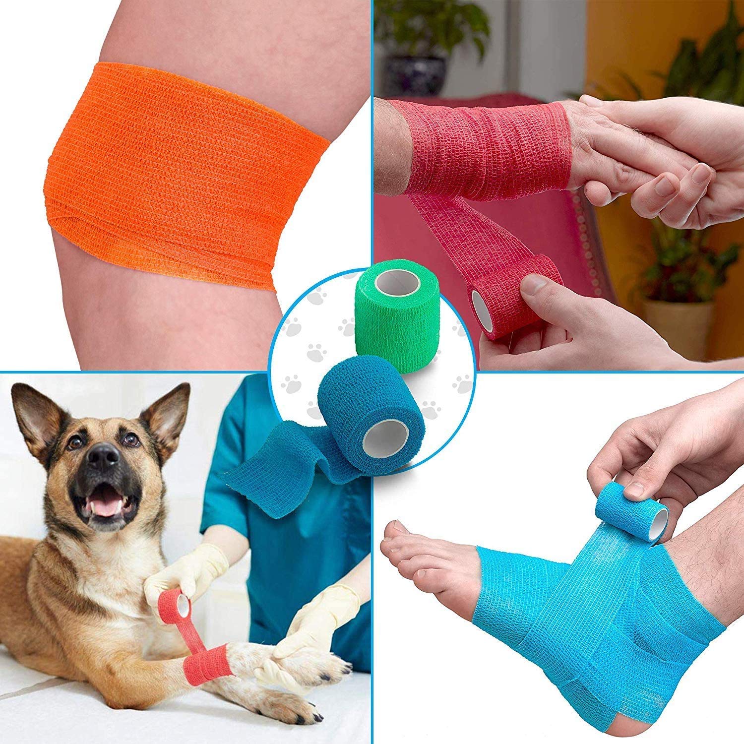 Vet Wrap - (Pack of 6-2 inch x 5 Yard Rolls) Self Adherent Wrap Cohesive Compression Bandage and Medical Gauze Bandage Roll Tape