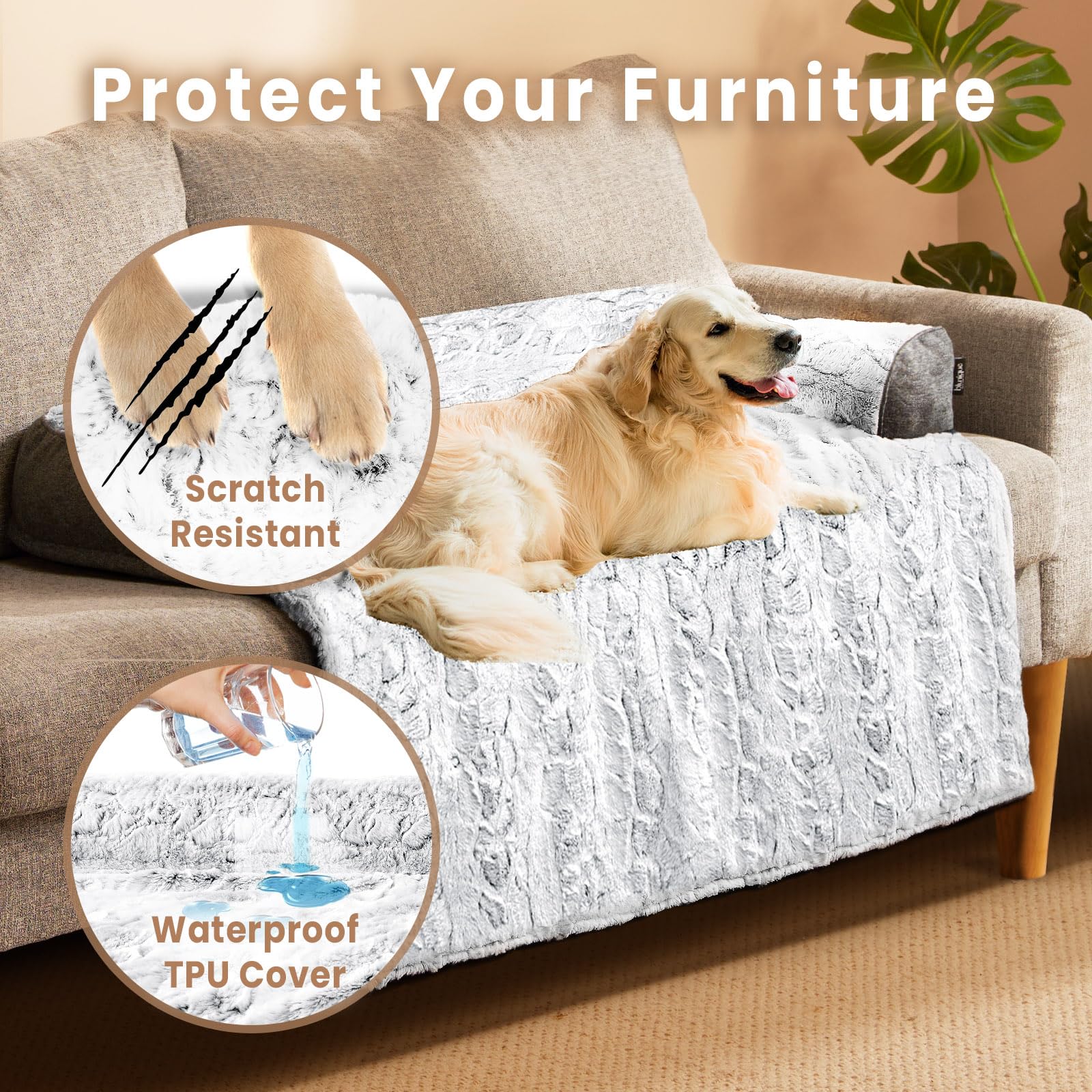 Blunique Calming Large Dog Bed For Couch, 41 X 37 Inch Removable Couch Cover For Dogs Washable, Non-Slip Fluffy Plush Dog Sofa Mat For Furniture Protector - Grey