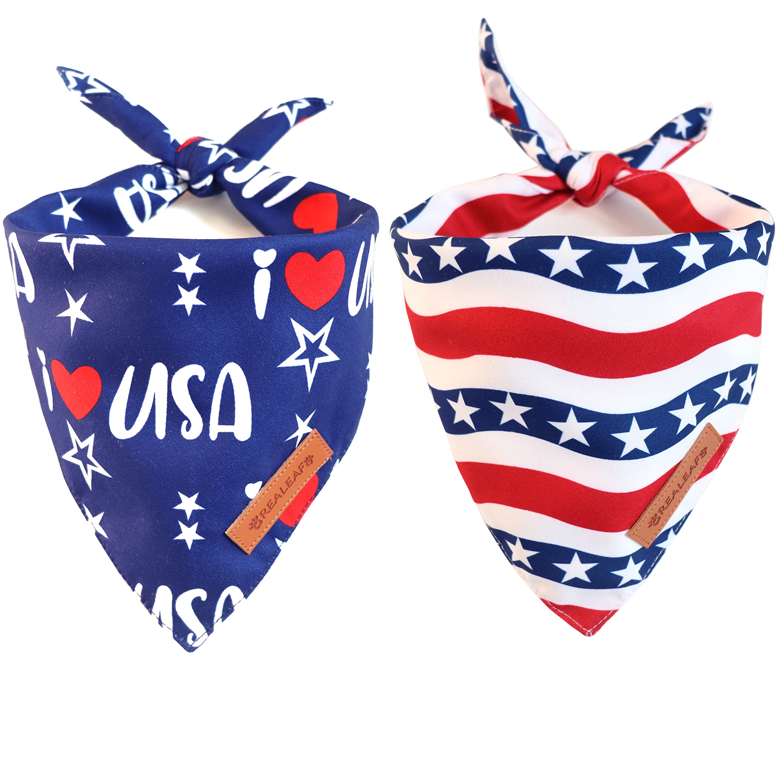 Realeaf 4Th Of July Dog Bandanas 2 Pack, Triangle Reversible American Flag Pet Patriotic Scarf For Boy And Girl, Premium Durable