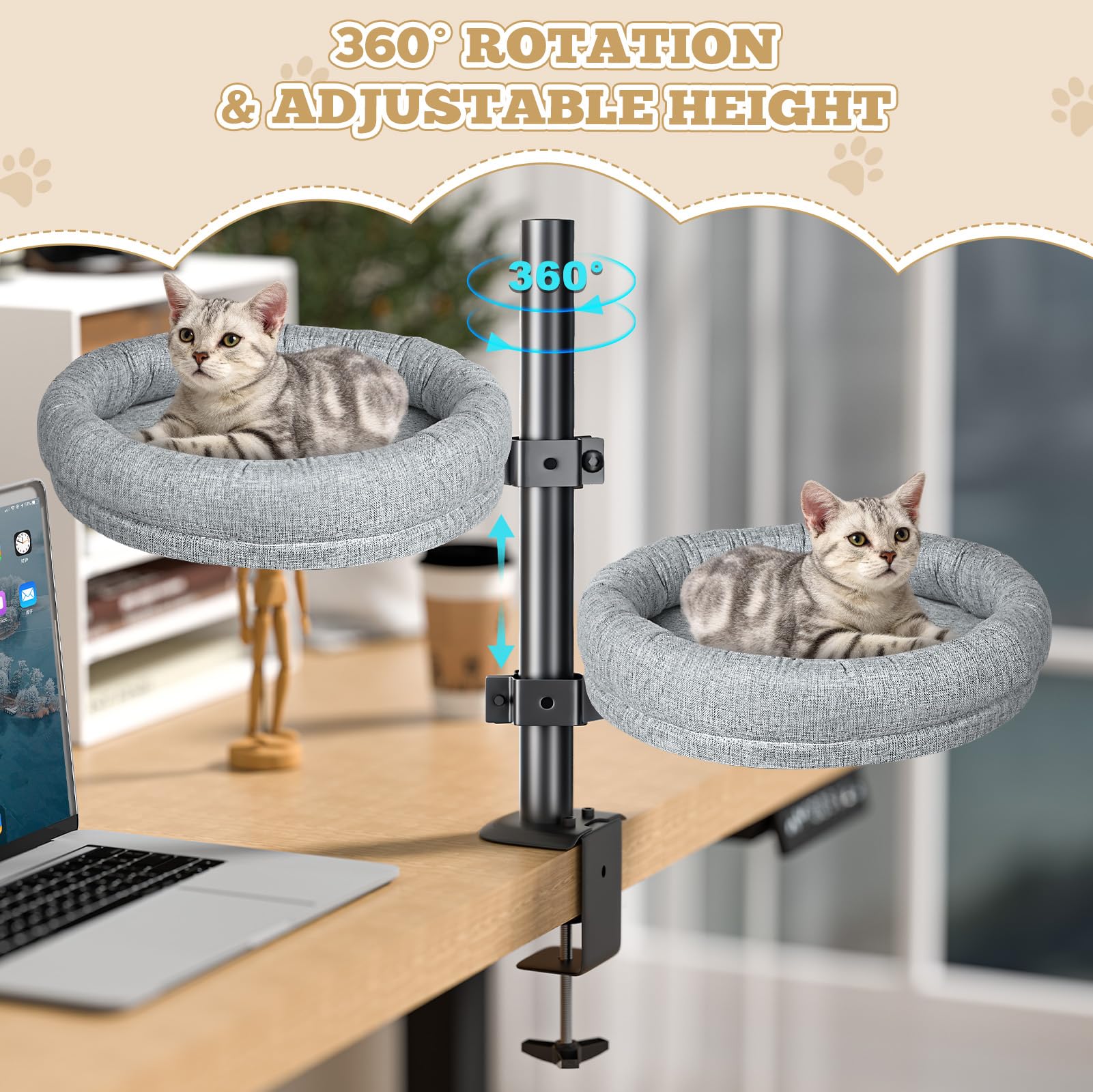 Cuipingoo Cat Bed - Desk Cat Nest With 360 Rotation & Adjustable Height - Soft & Comfortable - Indoor Cats Up To 40 Lbs (Grey)