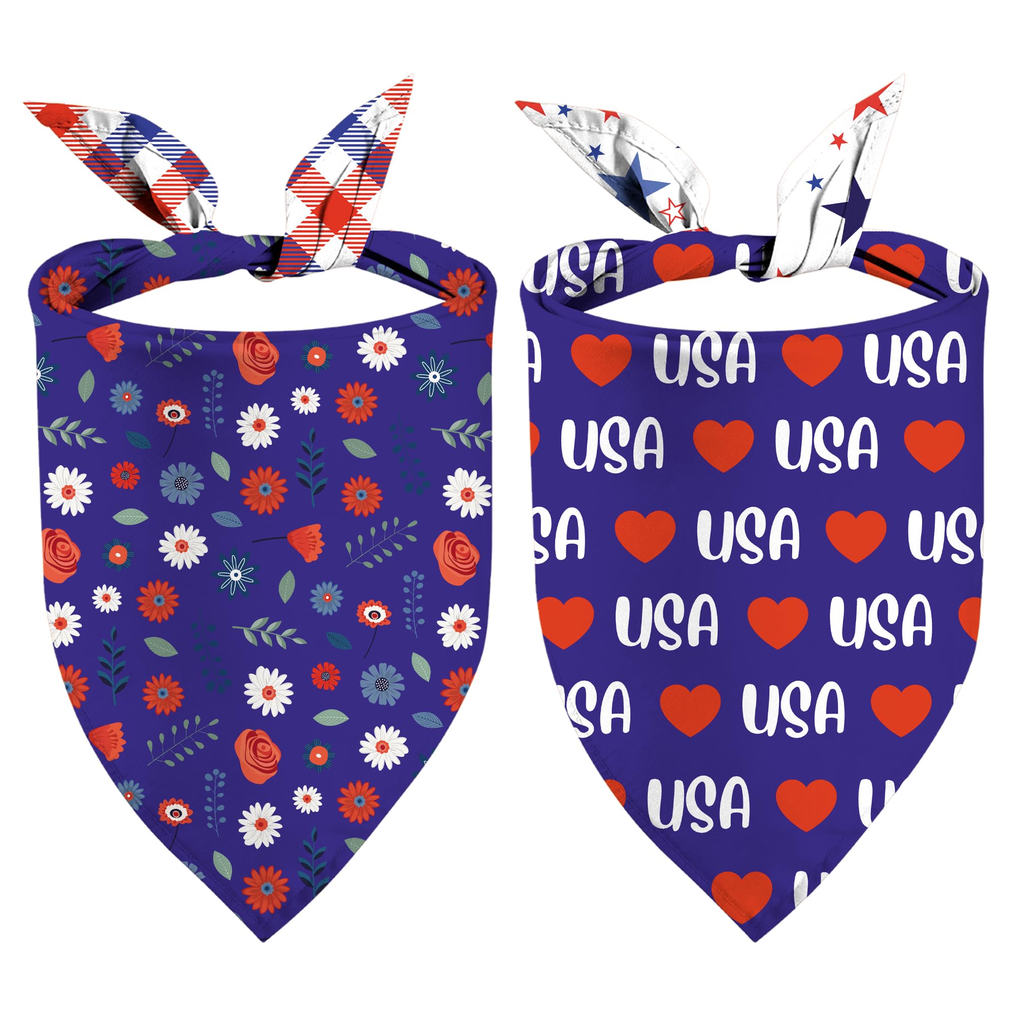 4Th Of July Dog Bandanas, Reversible Dual-Layer Patriotic Theme Design 2 Pack, I Love Usa Independence Day Square Dog Kerchief, 
