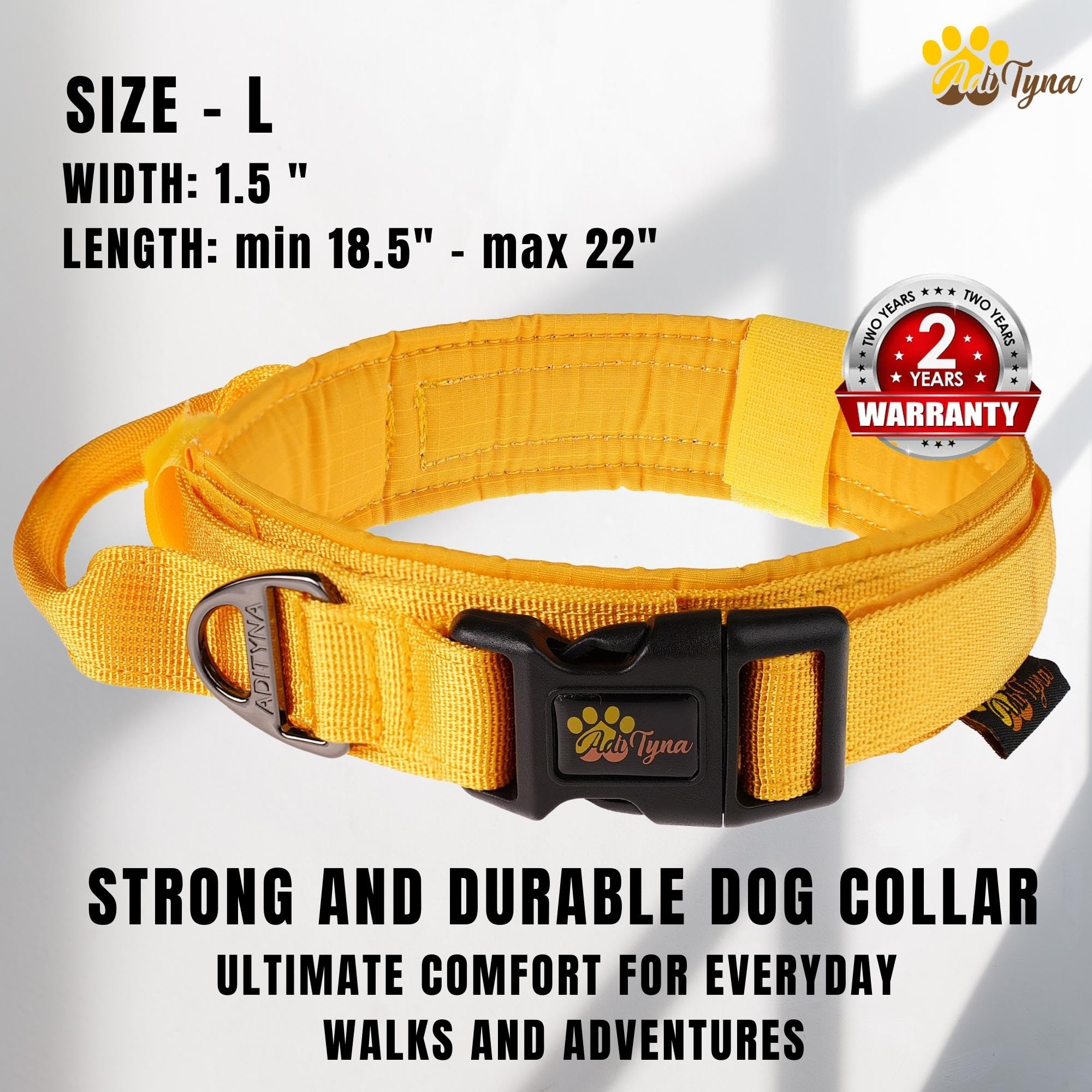 Adityna Tactical Dog Collar For Large Dogs - Soft Padded, Heavy Duty, Service, Adjustable Military K9 Yellow Collar With Handle
