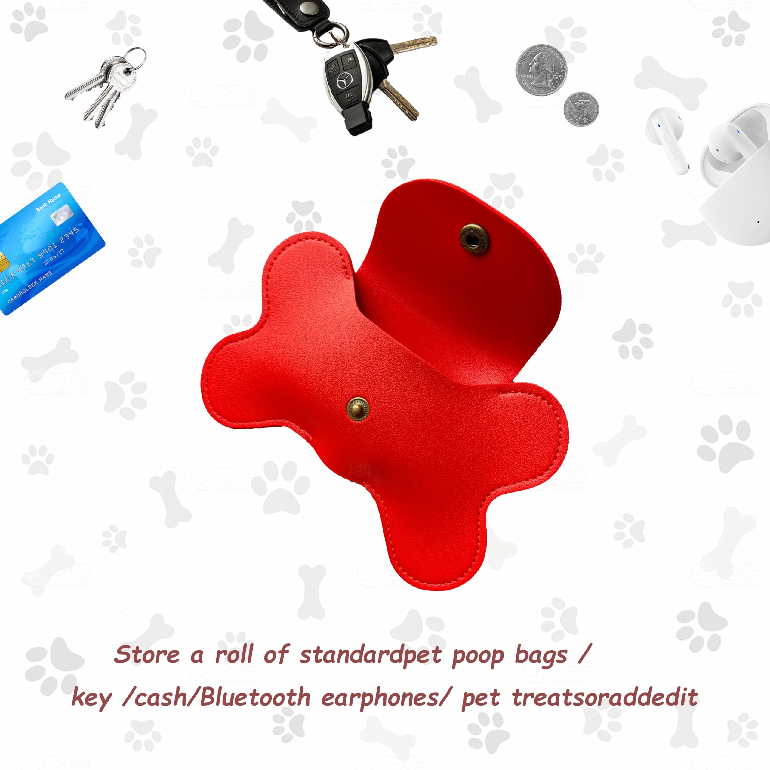 Teumessian Bone-Shaped Dog Poop Bag Holder, Poop Bag Holders For Leashes, Poop Bag Dispenser,Red
