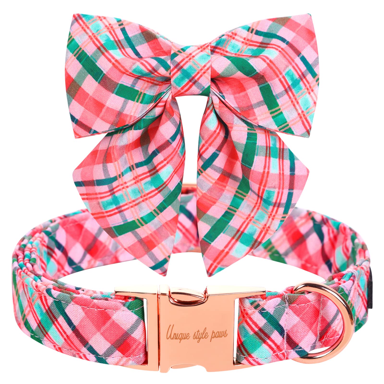 Unique Style Paws Dog Collar With Tie Pink & Green Plaid Dog Collar Best Gifts For Small Medium Large Dogs -Xl