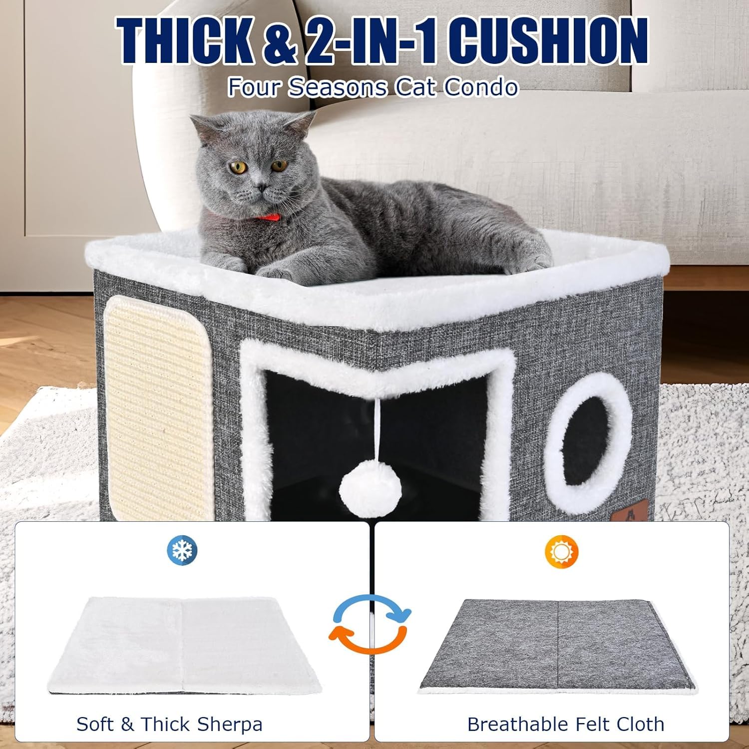 Cat Beds For Indoor Cats, Large Cat Cave Bed With Scratch Pad And Fluffy Ball, Foldable Cat Hideaway, Cat House With Reversible