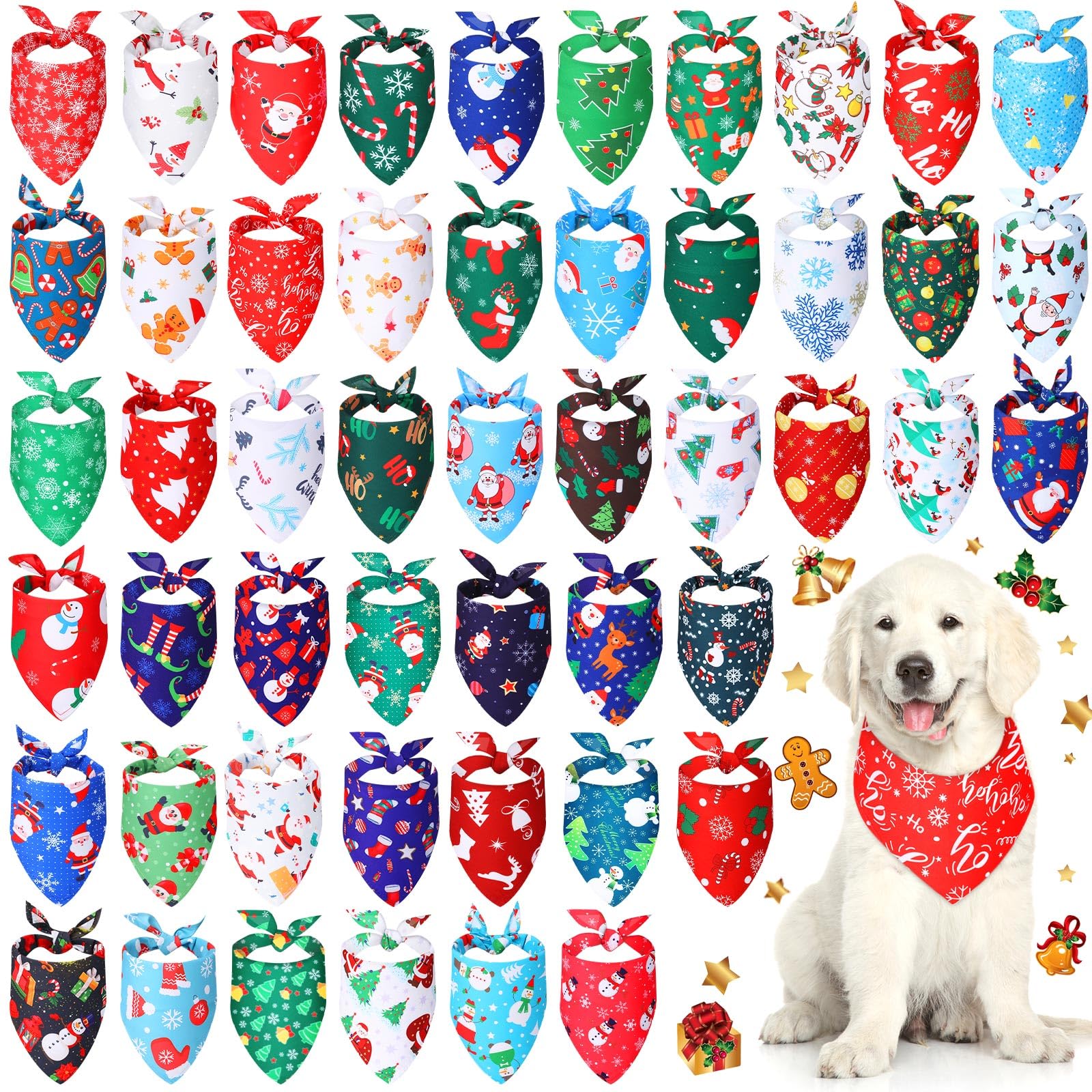 50 Pieces Christmas Dog Bandanas Bulk Dog Kerchief Set Bibs Triangle Dog Scarf Dog Bandanas With Christmas Patterns For Pet Christmas Party Costume Accessories Decoration (25.6 X 17.7 X 17.7 Inch)