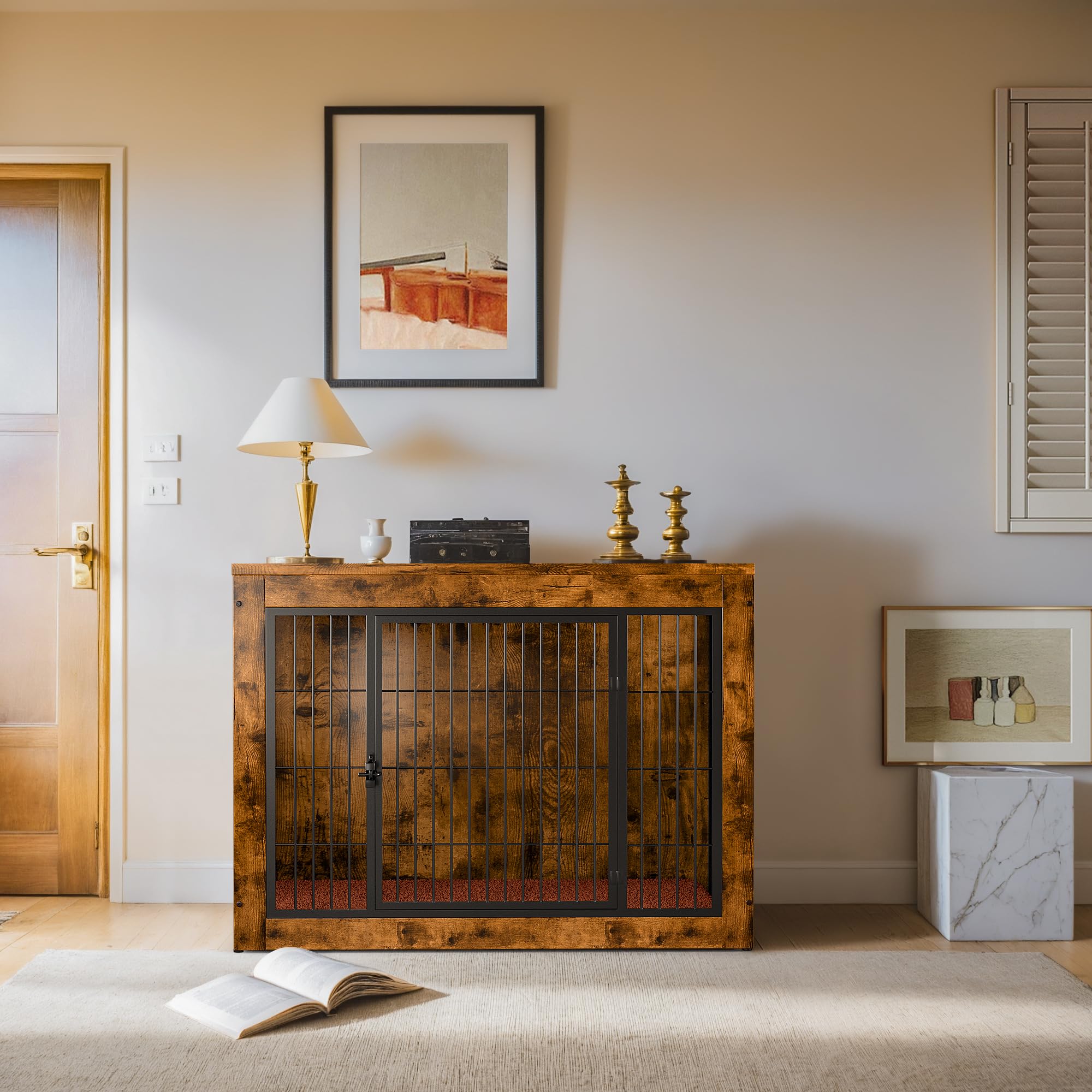 Dog Crate Furniture with Cushion, Indoor Dog Kennel with Double Doors, Side End Table Dog Cage, Pet House for Small/Medium/Large