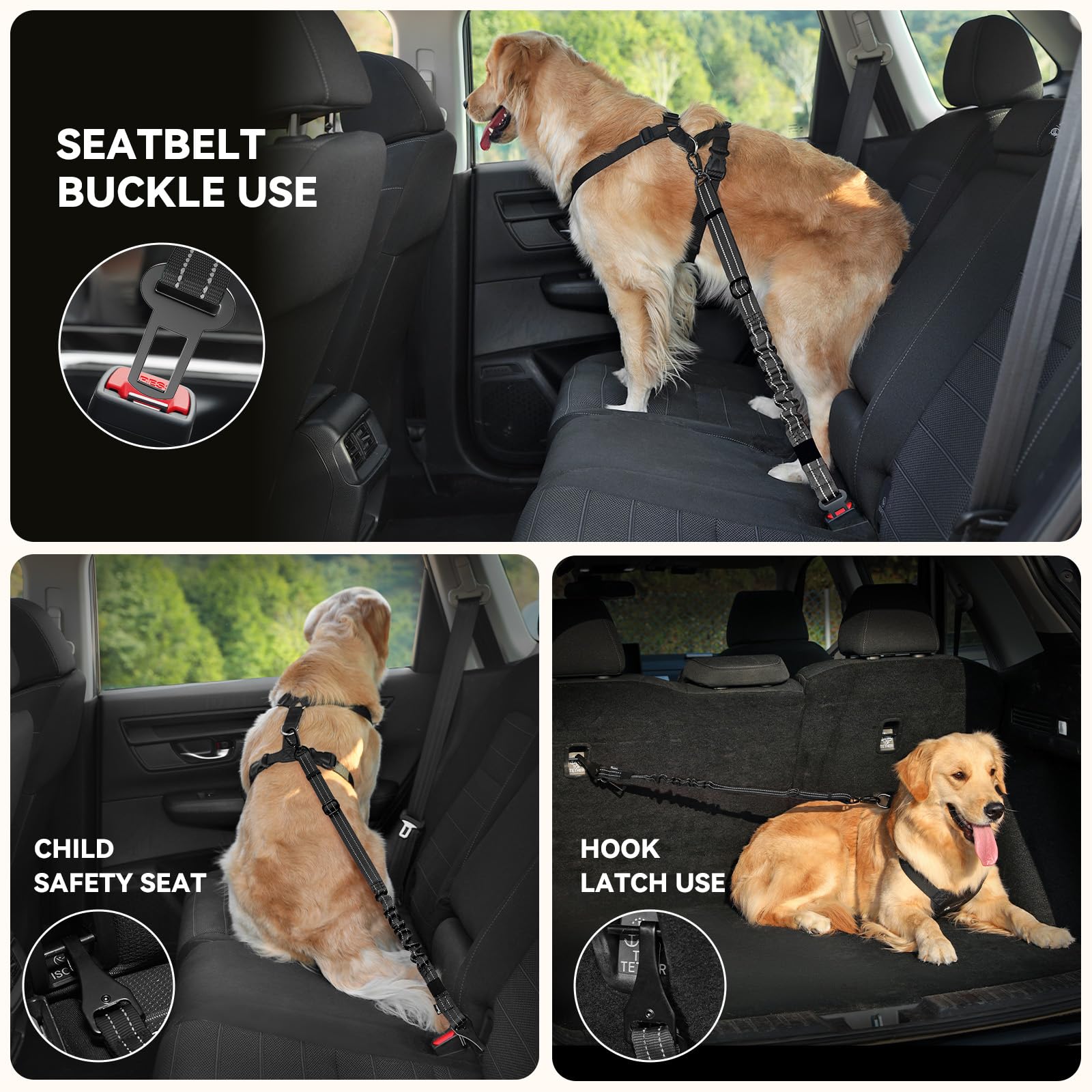 Pawaboo 2Pack Dog Seatbelt for Car, 3-in-1 Dog Car Seat Belt Bungee,Shockproof Dogs Tether for Car with Buckle & Hook Latch, Adj