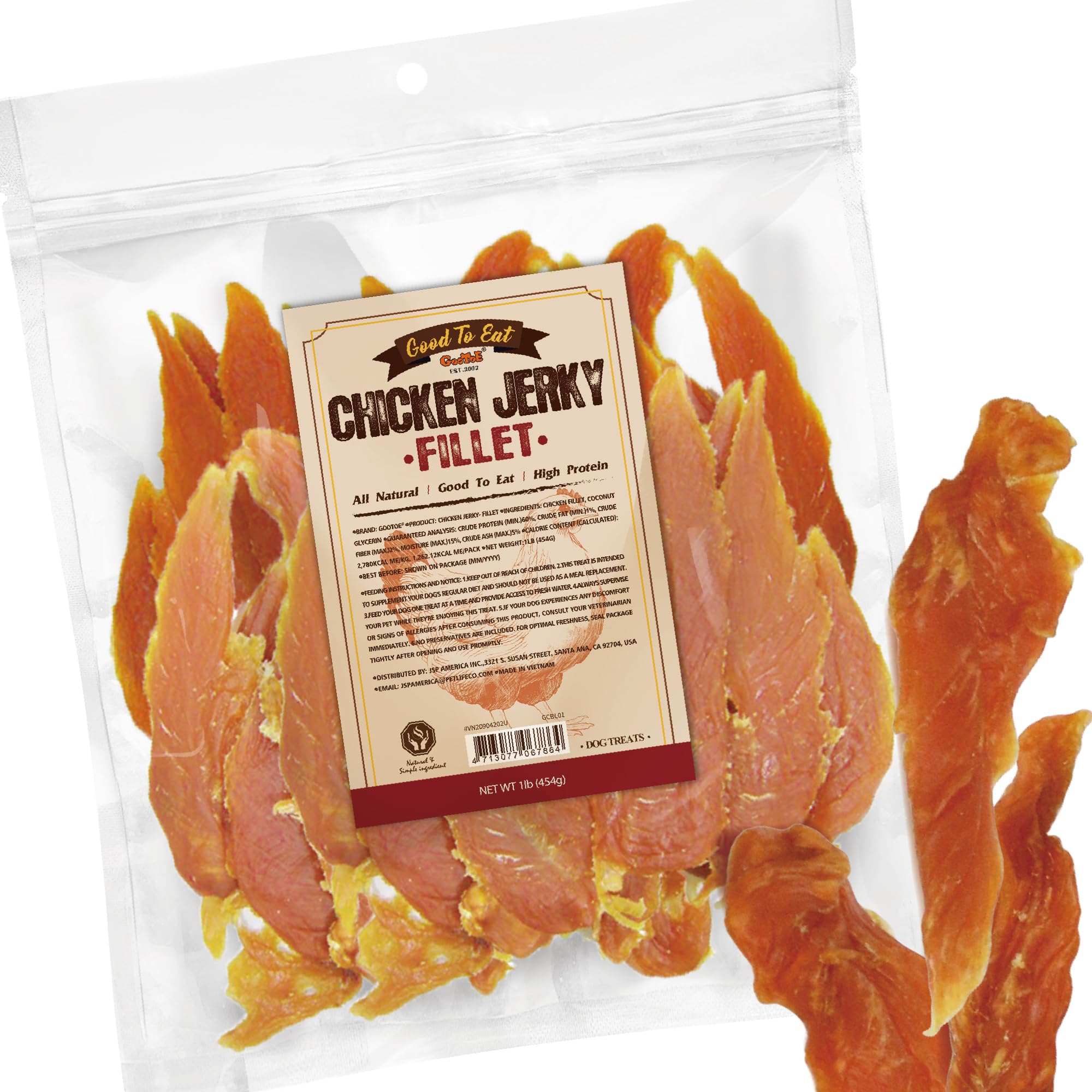 Gootoe Chicken Fillet Jerky Dog Treats 1 lb, All Natural, Grain-Free, High-Protein, Low Fat, Healthy & Easily Digestible