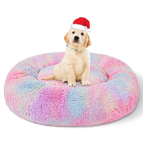 Patas Lague Calming Dog Bed For Medium Dogs, Fluffy Soft Cozy Cat Bed, Faux Fur Anti-Anxiety Plush Donut Cuddler, Washable Warm