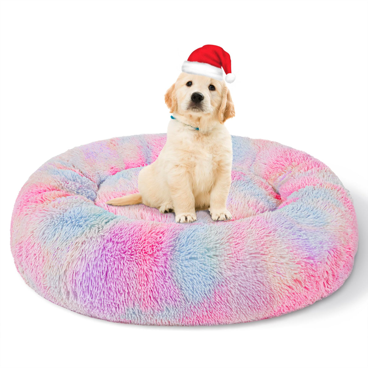 Patas Lague Calming Dog Bed For Small Dogs, Fluffy Soft Cozy Cat Bed, Faux Fur Anti-Anxiety Plush Donut Cuddler, Washable Pet Bed For All Seasons (20 In, Mixed Rainbow)