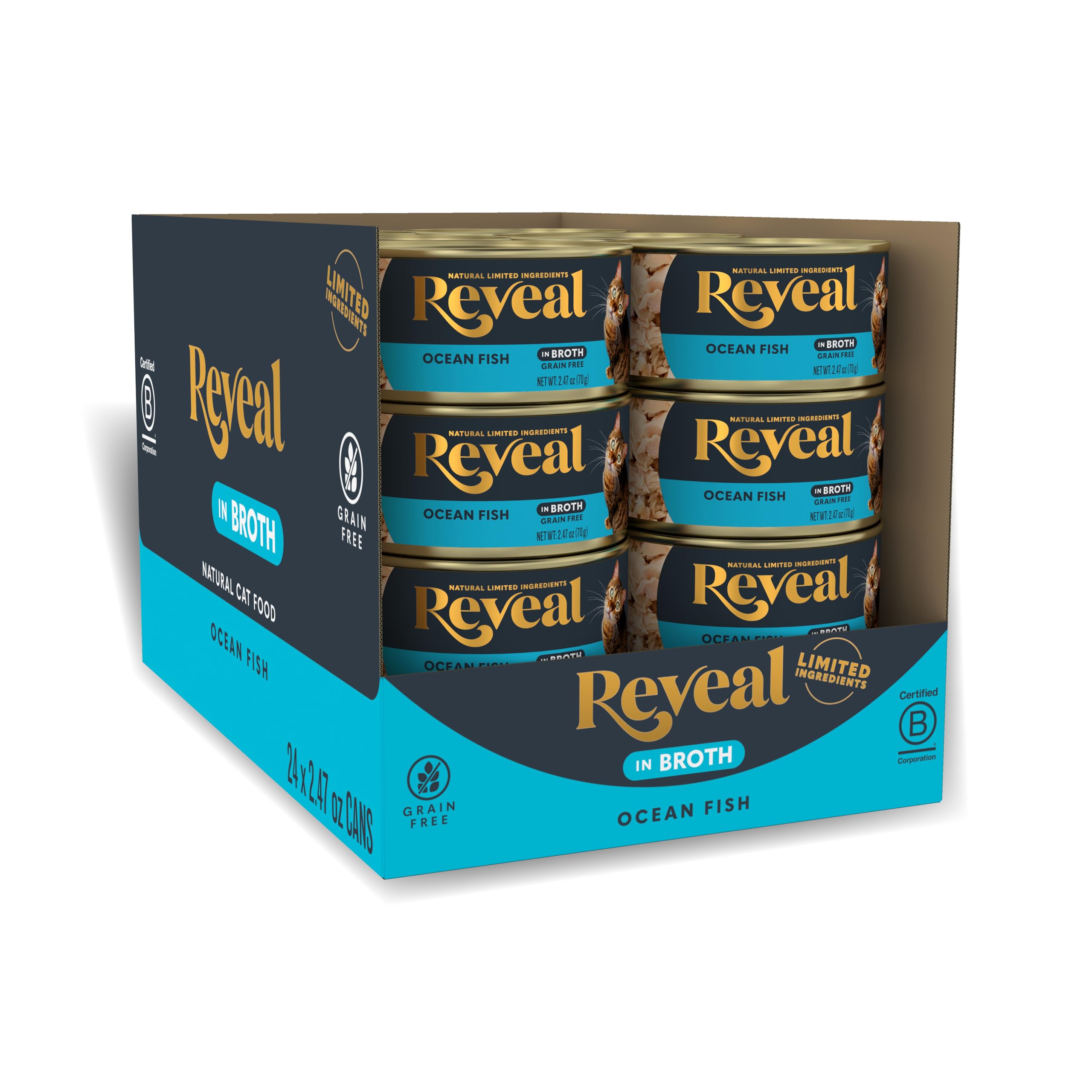 Reveal Natural Wet Cat Food, 24 Count, Grain Free, Limited Ingredient Canned Food for Cats, Ocean Fish in Broth, 2.47 oz Cans