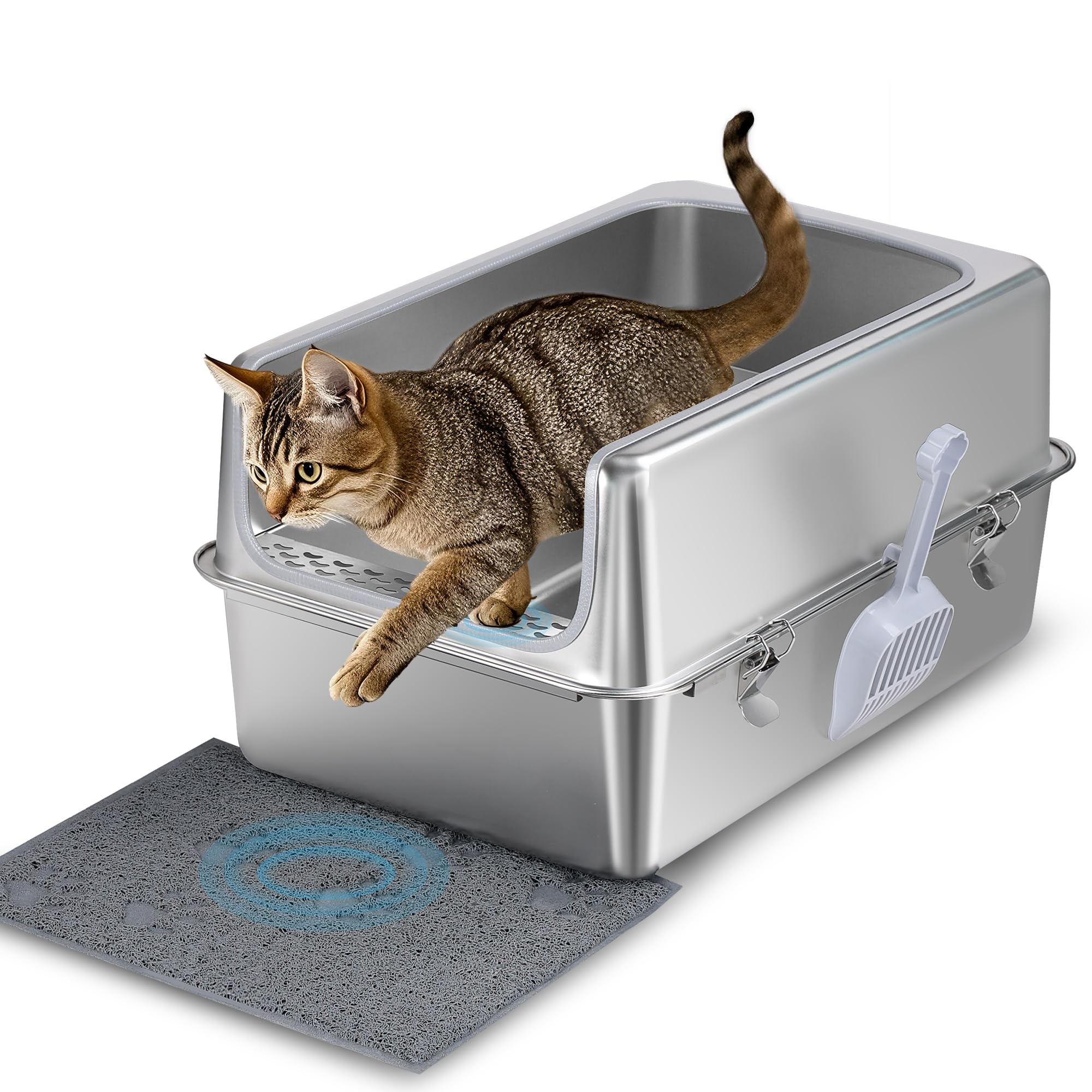 Aothey Stainless Steel Litter Box With Metal Lid And Scoop - Enclosed Metal Litter Box For Large Cats, Rust-Resistant, Odor-Cont