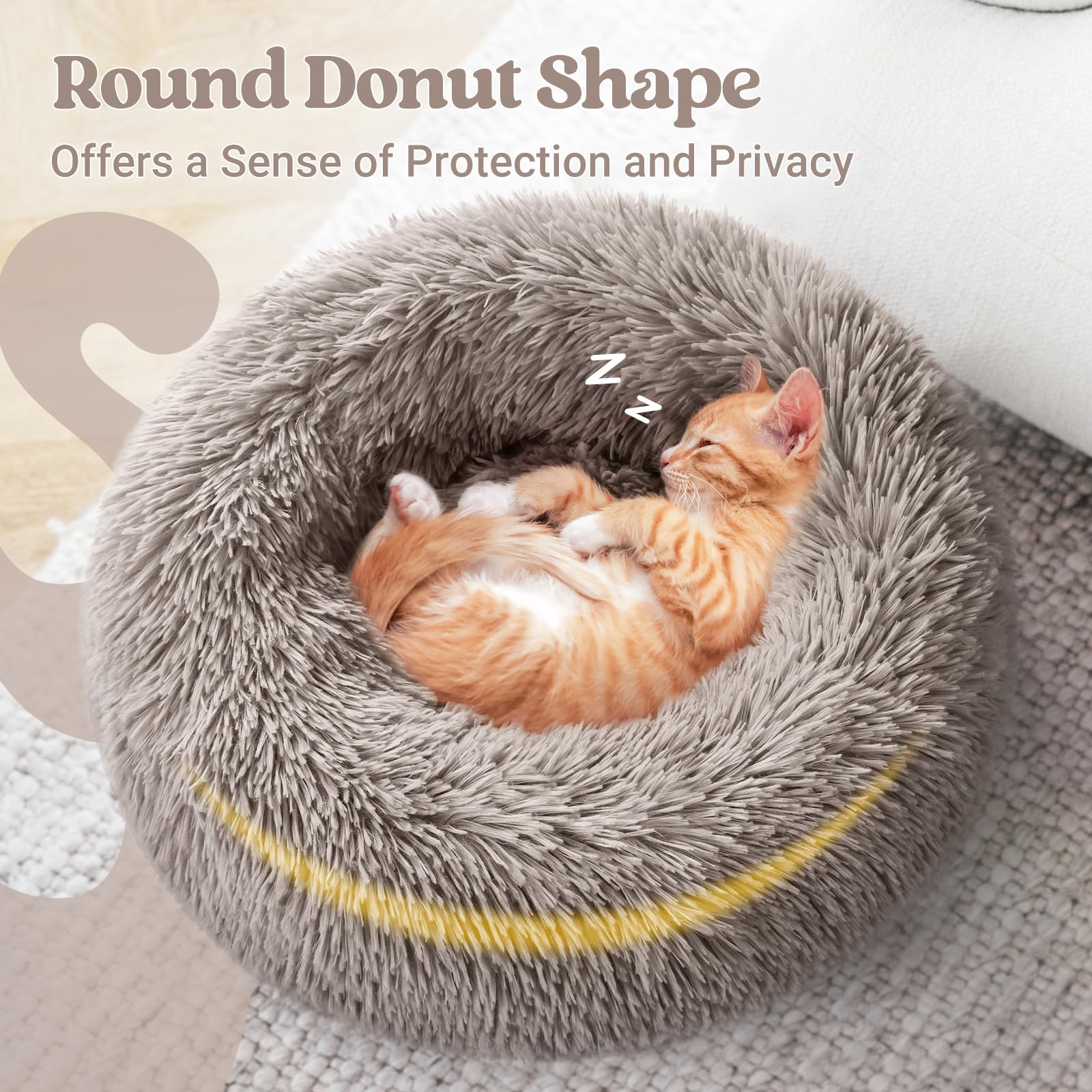 Rabbitgoo Cat Beds For Indoor, 20 Inches Machine Washable, Fluffy Round Pet Bed Non-Slip, Calming Soft Plush Donut Cuddler Cushi