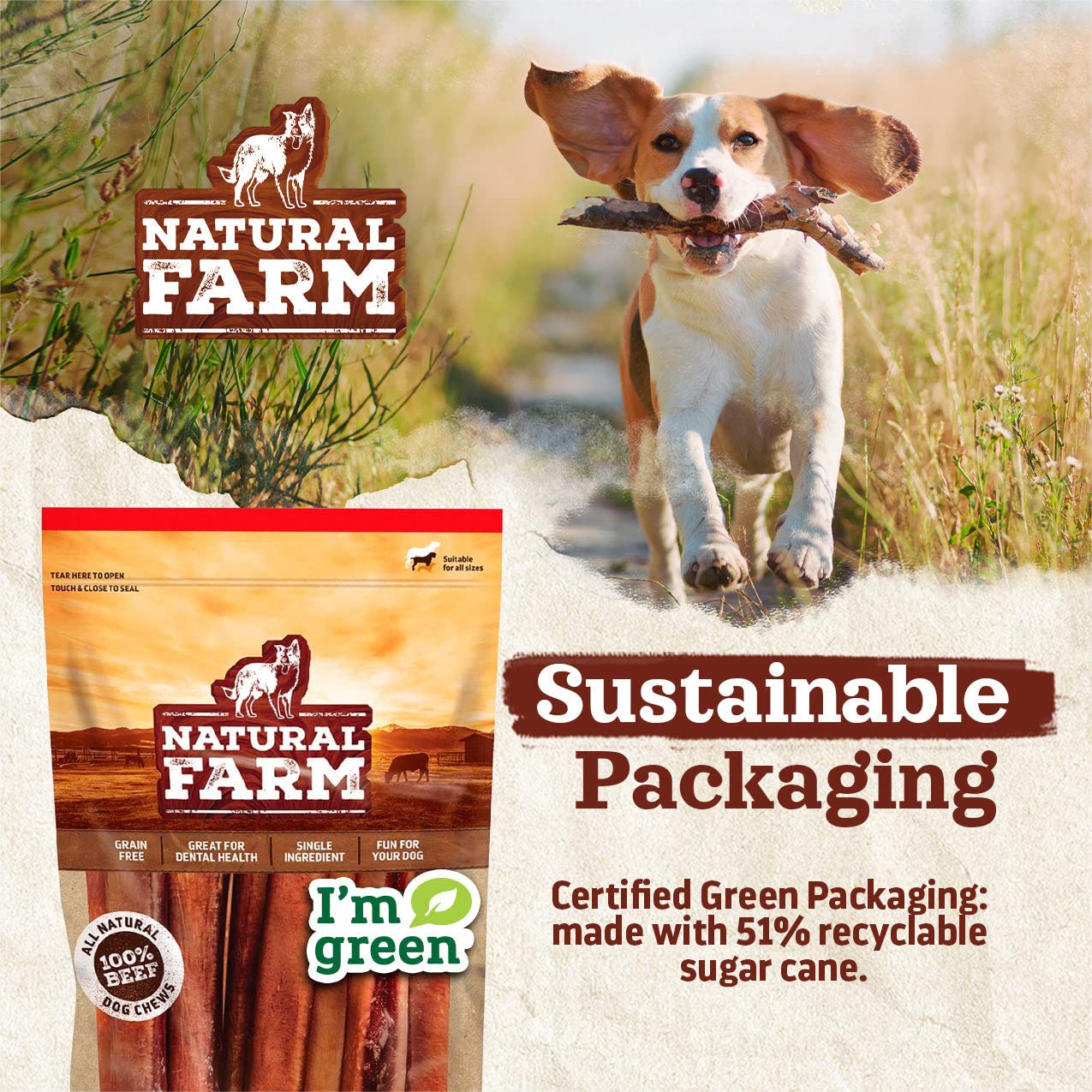 Natural Farm Natbones Superfood, All Natural Beef Flavor Dog Treats (12 Pack) - Chewy Beef Protein Treat Carrots, Green Peas, Sp