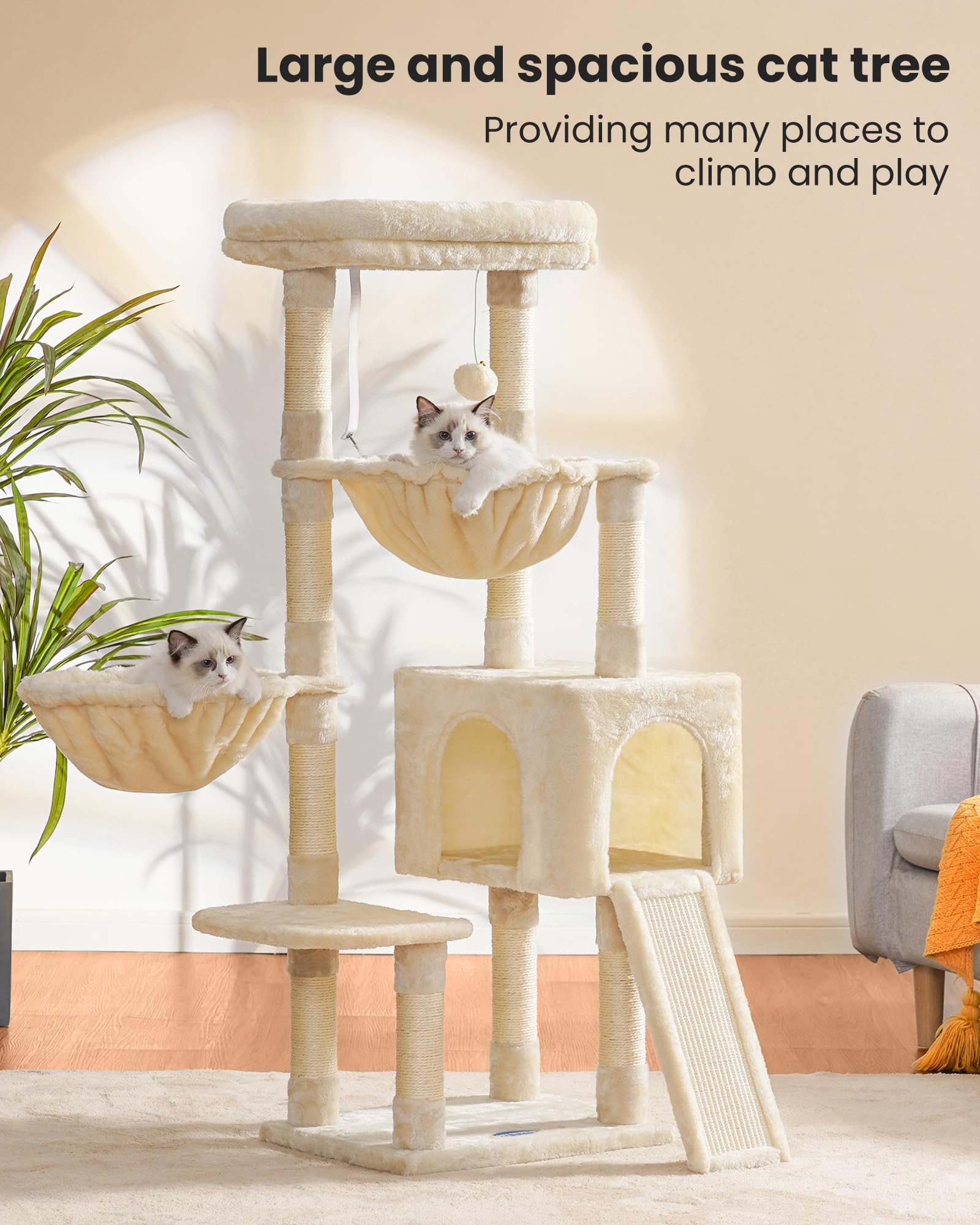 Hey-brother Large Cat Tree, Cat Tower for Indoor Cats, Cat House with Padded Bed, Cozy Condo, Hammocks, Sisal Scratching Posts,