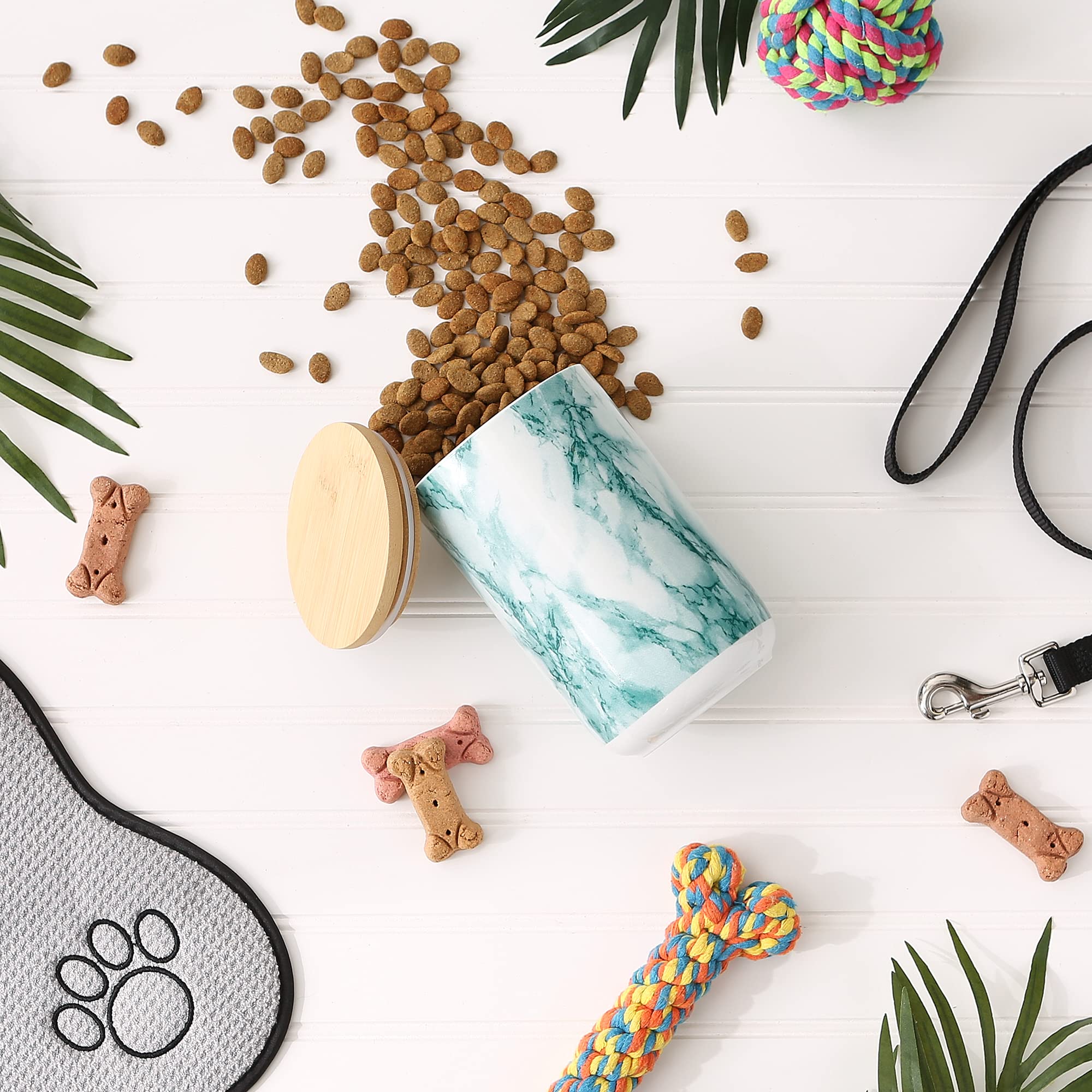 Bone Dry Ceramic Marble Treat Jar for Pets Dishwasher Safe, Dishwasher Safe, Bamboo Lid - Push & Twist to Close, Canister, 4x6.5