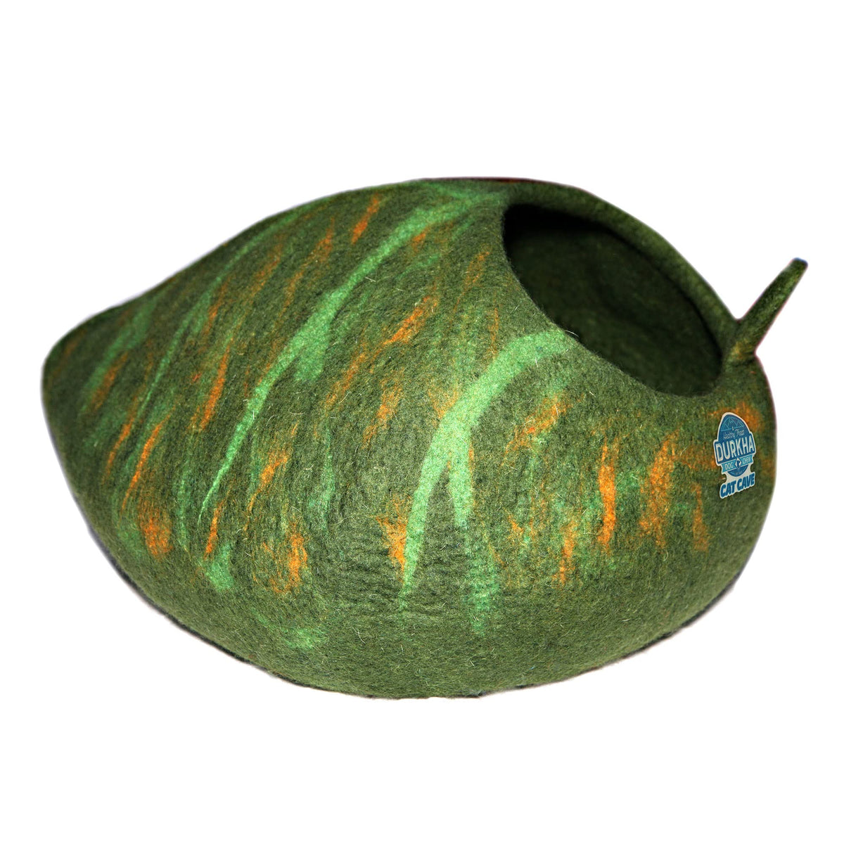 Durkha Felt Cat Cave Bed, Handmade Covered Cat Bed Cave, Wooly Cave For Cats, Dome Shaped Cat Pod, Cat Beds & Furniture, Felt Cat Beds For Indoor Cats (Dark And Light Green Pattern)