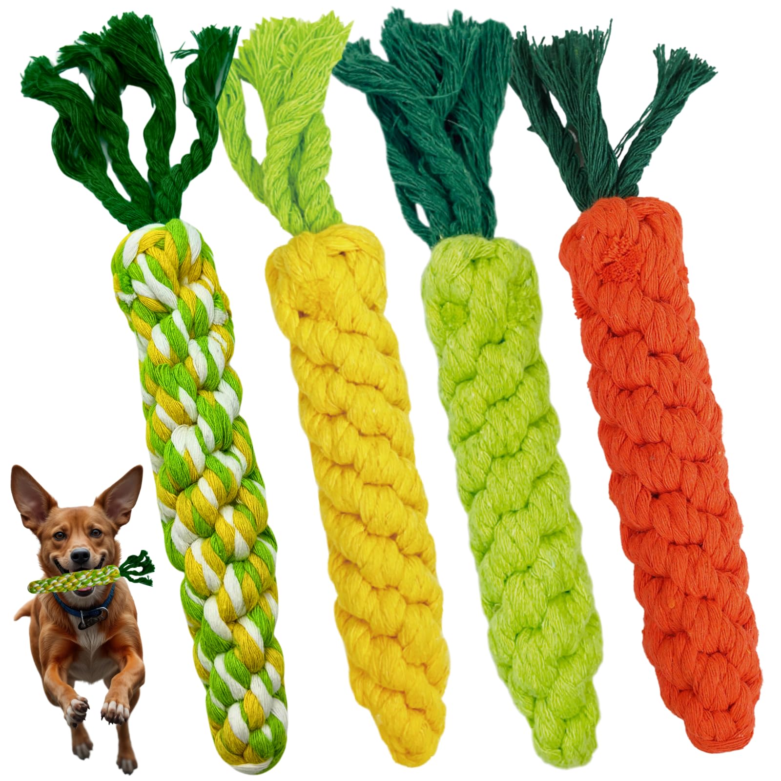 Autumnnest 4Pcs Mixed Color Woven Pet Chew Set (Yellow, Green, Orange, Rainbow), Dog Chew Toys, Cat Teething Toys, Durable & Saf
