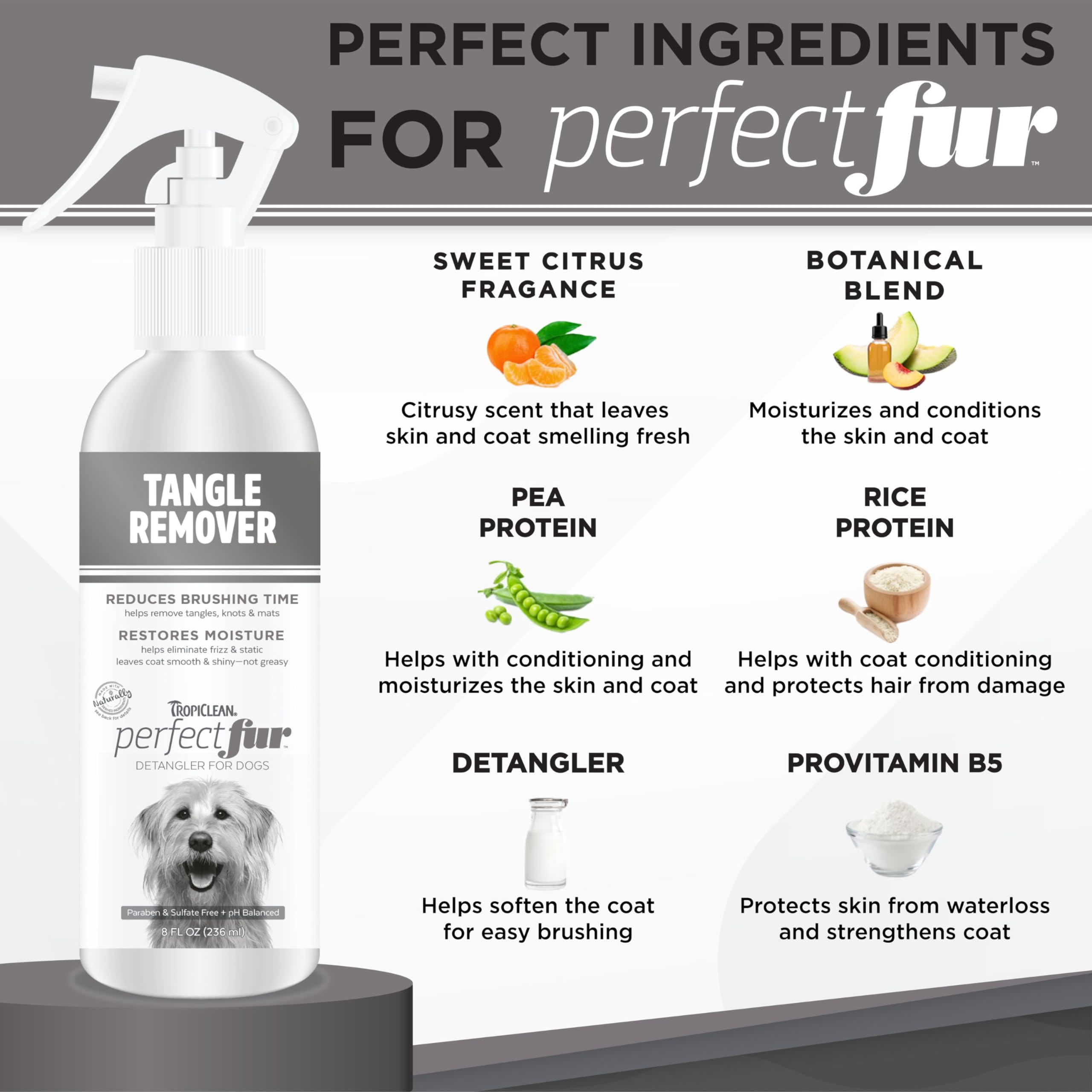 Tropiclean Perfect Furdetangler Spray For Dogs - Made In Usa - Detangling & Dematting Formula - Removes Mats & Knots For Gentle, Easy Brushing - Naturally Derived, 8Oz