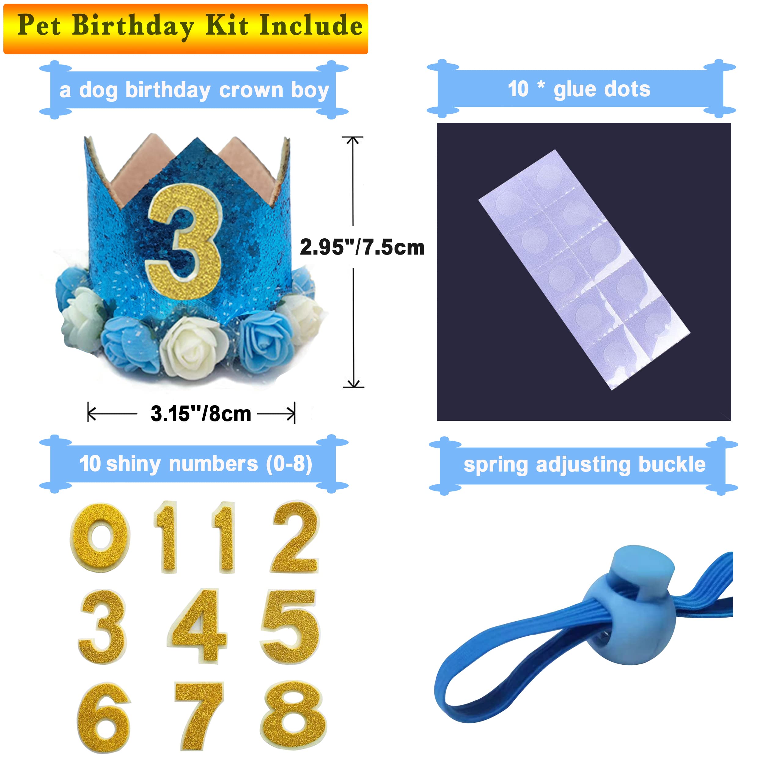 Posapet Cat Dog Birthday Crown Hat And Bow Tie Collar Set Pet Boy Birthday Party Supplies (Blue)