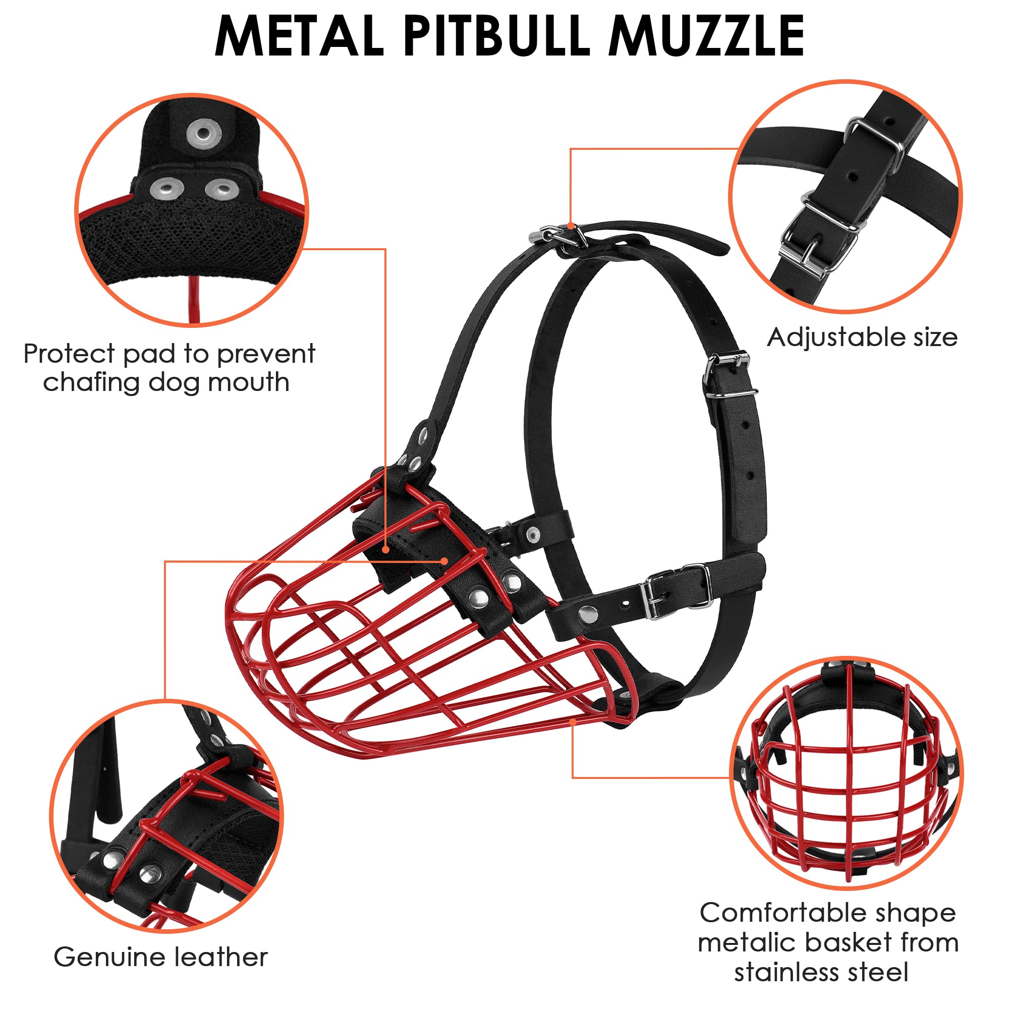 Pitbull Dog Muzzle Metal Mask Amstaff Secure Wire Basket Adjustable Durable Leather Straps For Large Dogs (Large, Red)