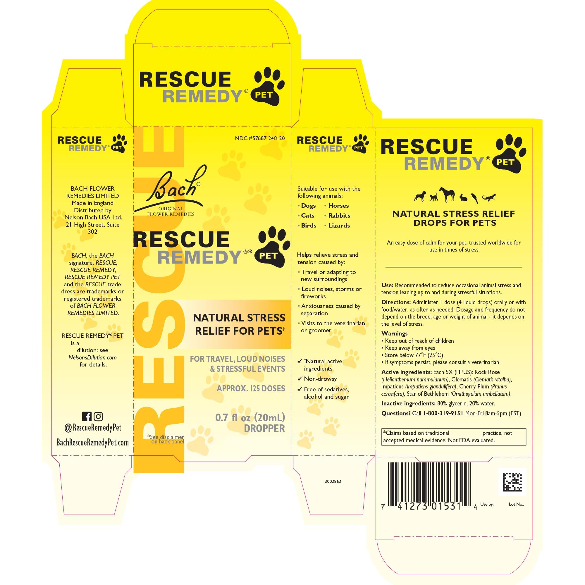 Bach RESCUE Remedy PET Dropper 20mL, Natural Stress Relief, Calming for Dogs, Cats, & Other Pets, Homeopathic Flower Essence, Th