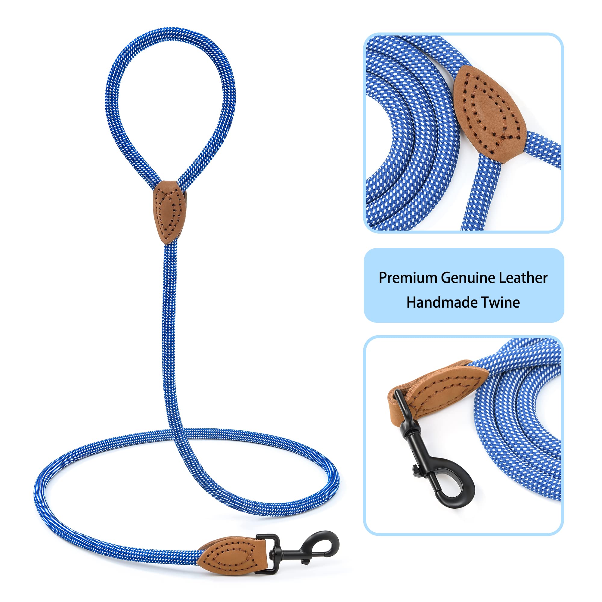 Mile High Life Rope Leash With Genuine Leather Connection, 6 Ft/5 Ft/4 Ft, Heavy Duty Leash For Medium & Large Dogs (Blue White,