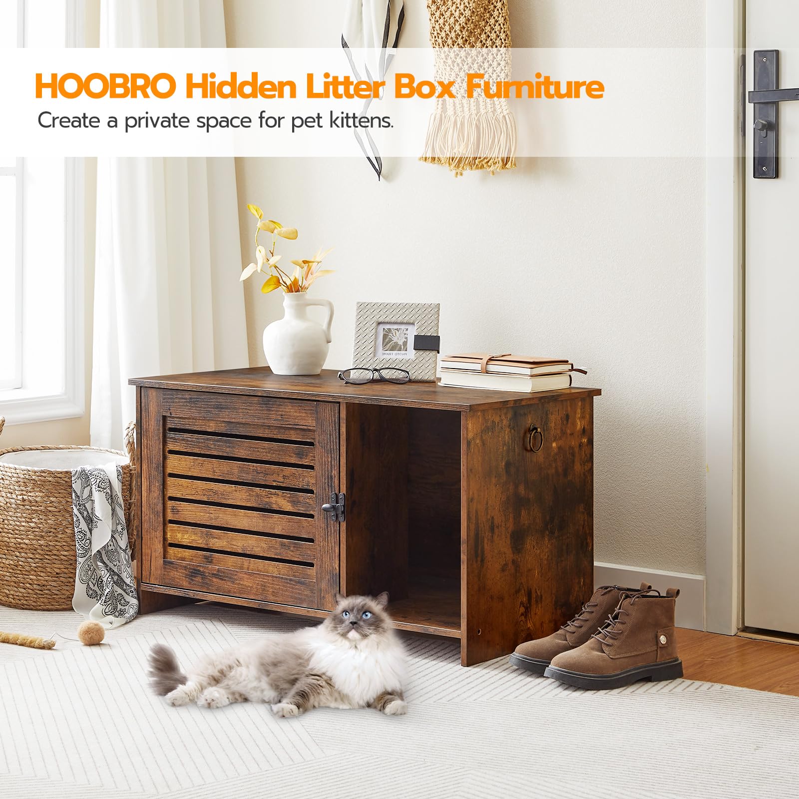 Hoobro Cat Litter Box Enclosure, Hidden Litter Box Furniture With Louvered Door, Spacious Hidden Litter Cabinet With Divider, Ca