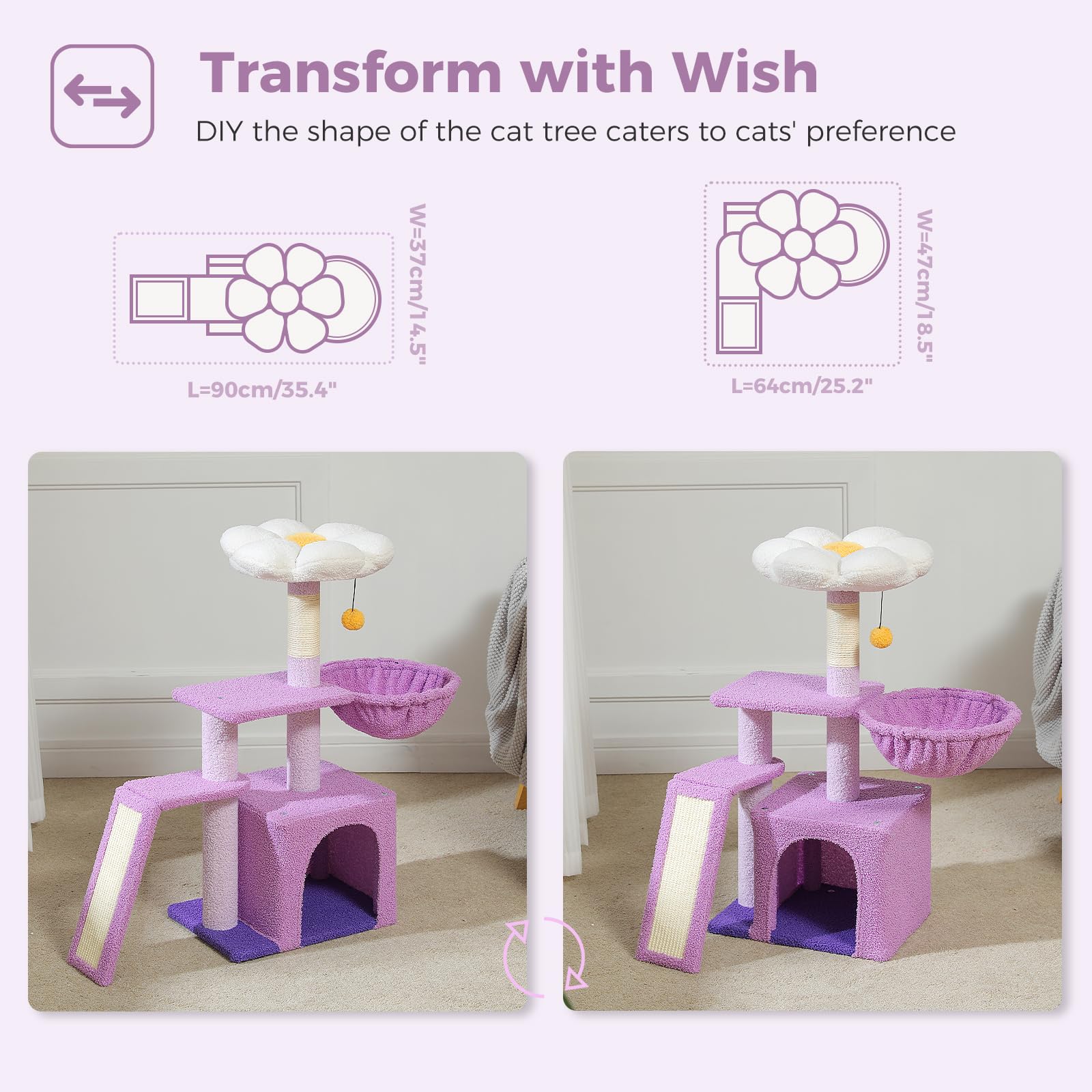 Petepela Flower Cat Tree For Indoor Cats, 32'' Small Cat Tower Cat Condo With Sisal Scratching Ramp, Cozy Hammock And Removable