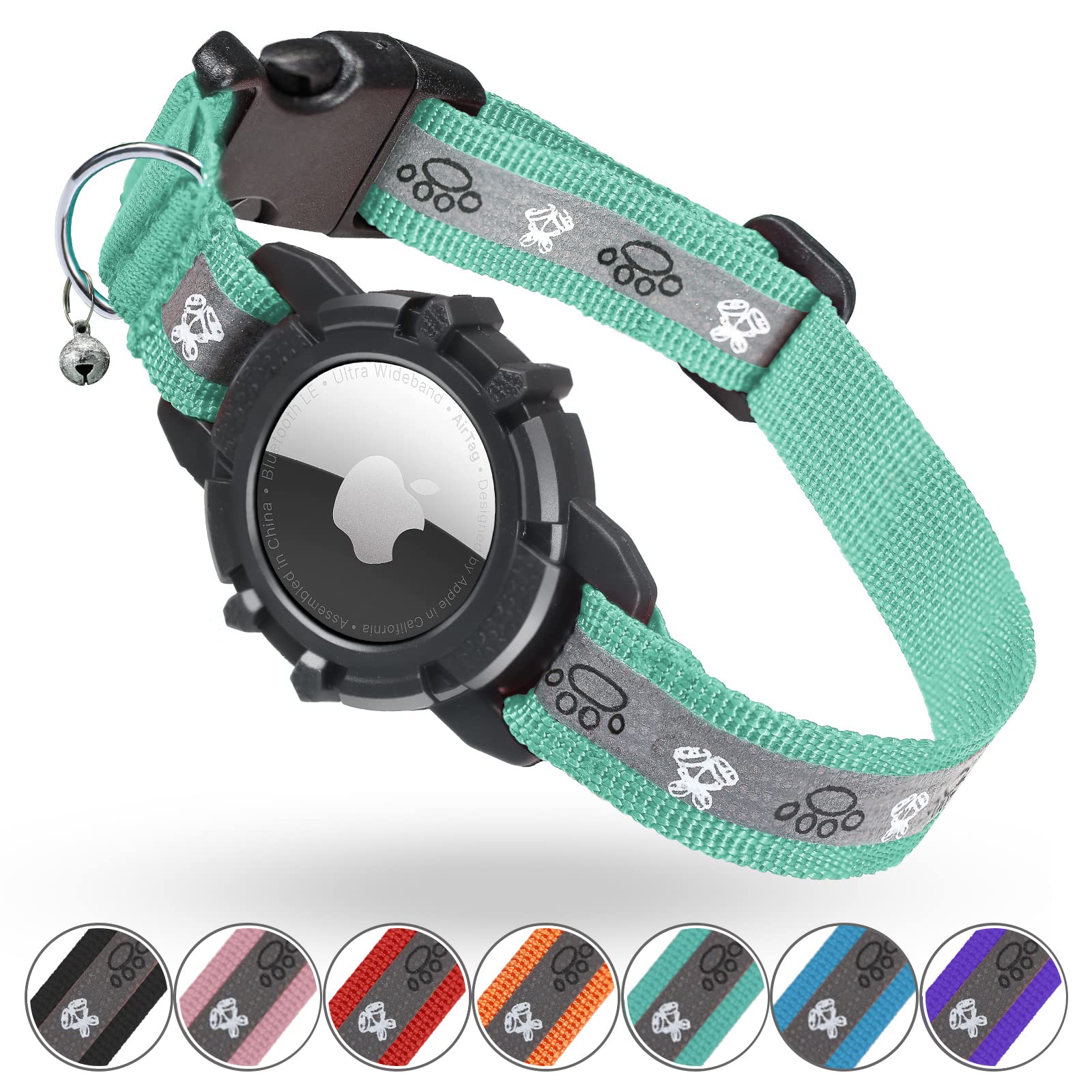 Reflective Airtag Cat Collar, Integrated Cat Tracker Collar With Air Tag Holder And Bell, Safety Elastic Band Cat Gps Collars For Girl Boy Cats, Kittens And Puppies (Green, Xs)
