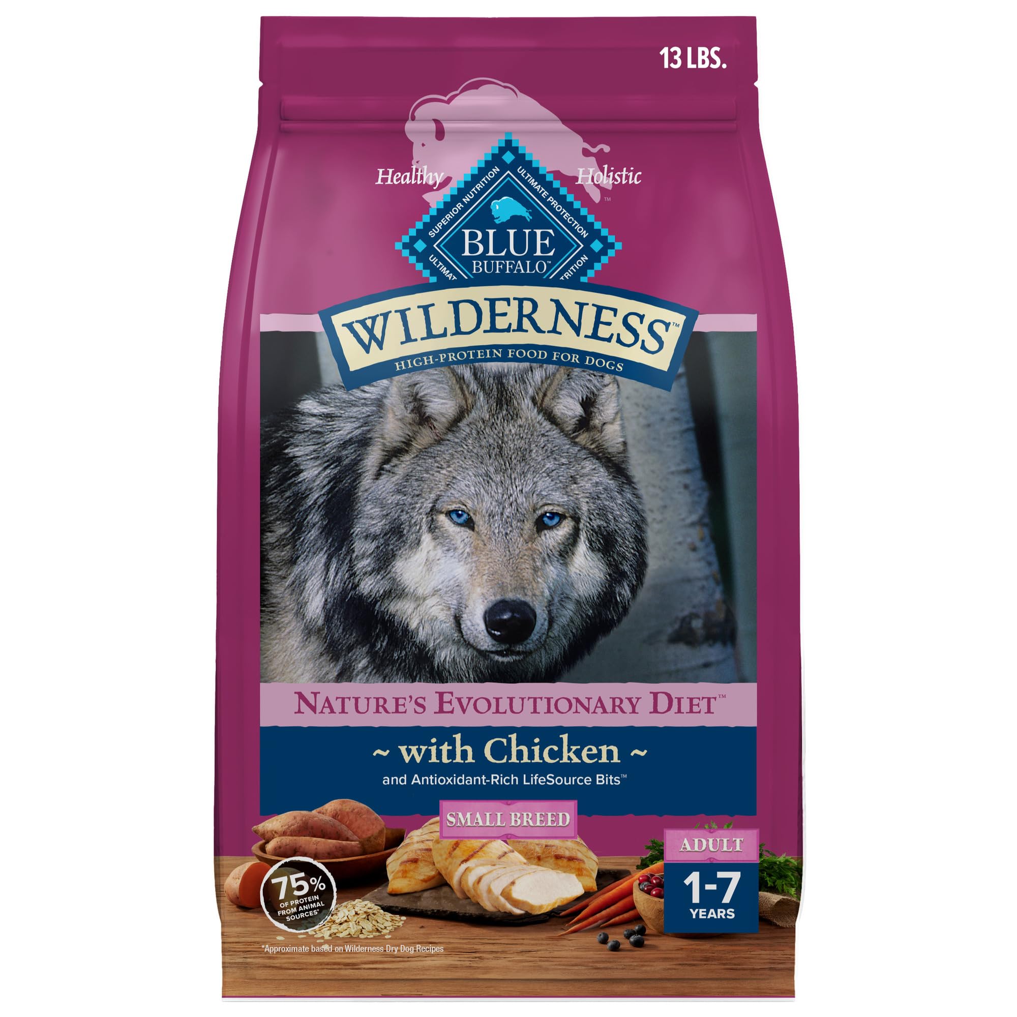 Blue Buffalo Wilderness Natural High-Protein Dry Food for Small Breed Adult Dogs, Chicken Recipe, 13-lb Bag