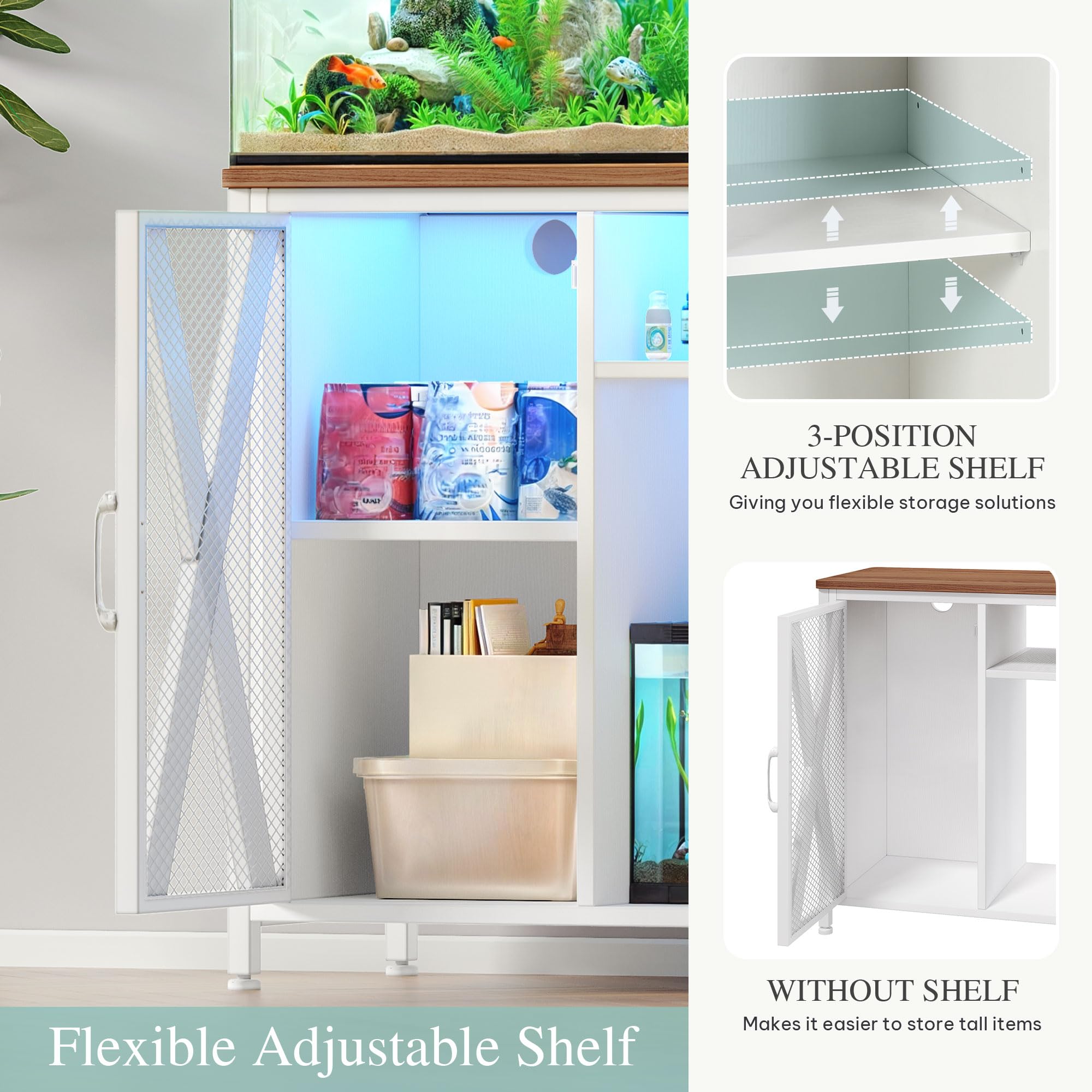YITAHOME Fish Tank Stand with Power Outlets & LED Light, 20-29 Gallon Metal Aquarium Stand with Cabinet for Fish Tank Accessorie