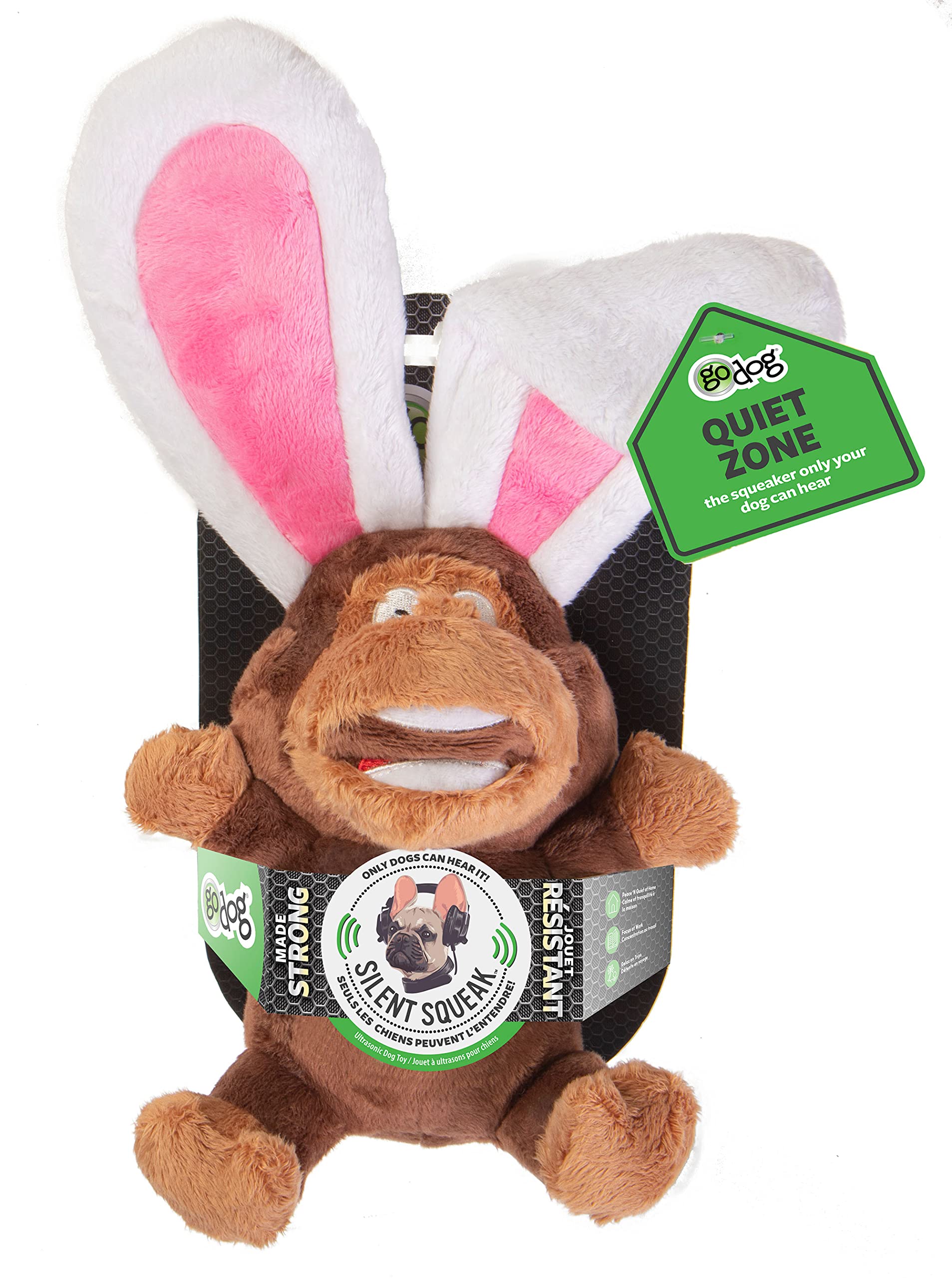 Godog Flips Monkey-Rabbit Silent Squeak Plush Dog Toy, Chew Guard Technology - Brown, Large