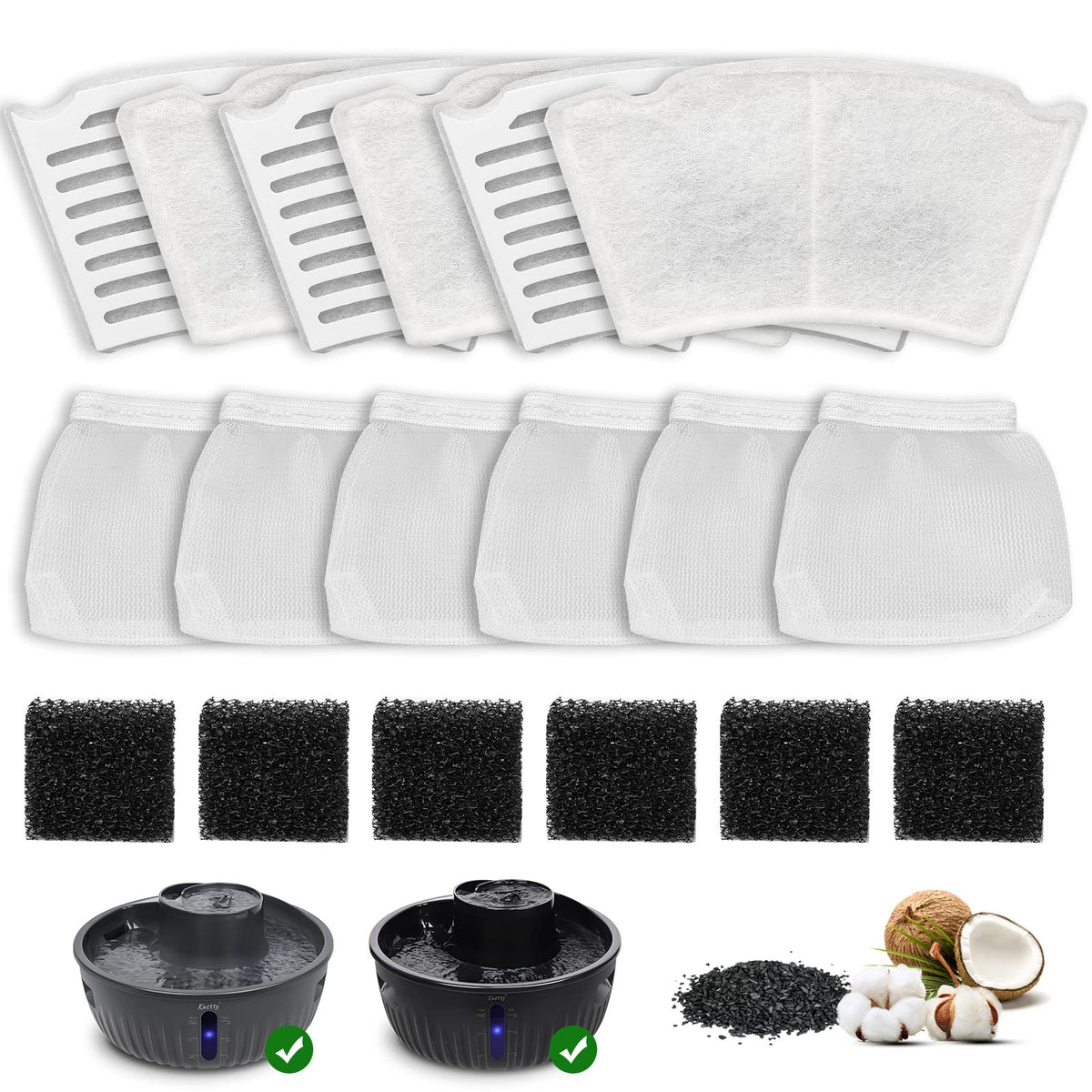 Kastty 6 Pack Replacement Filters for 195oz/6L Spiral Dog Water Fountains, Made of Coconut Shell Activated Carbon and PP Cotton,
