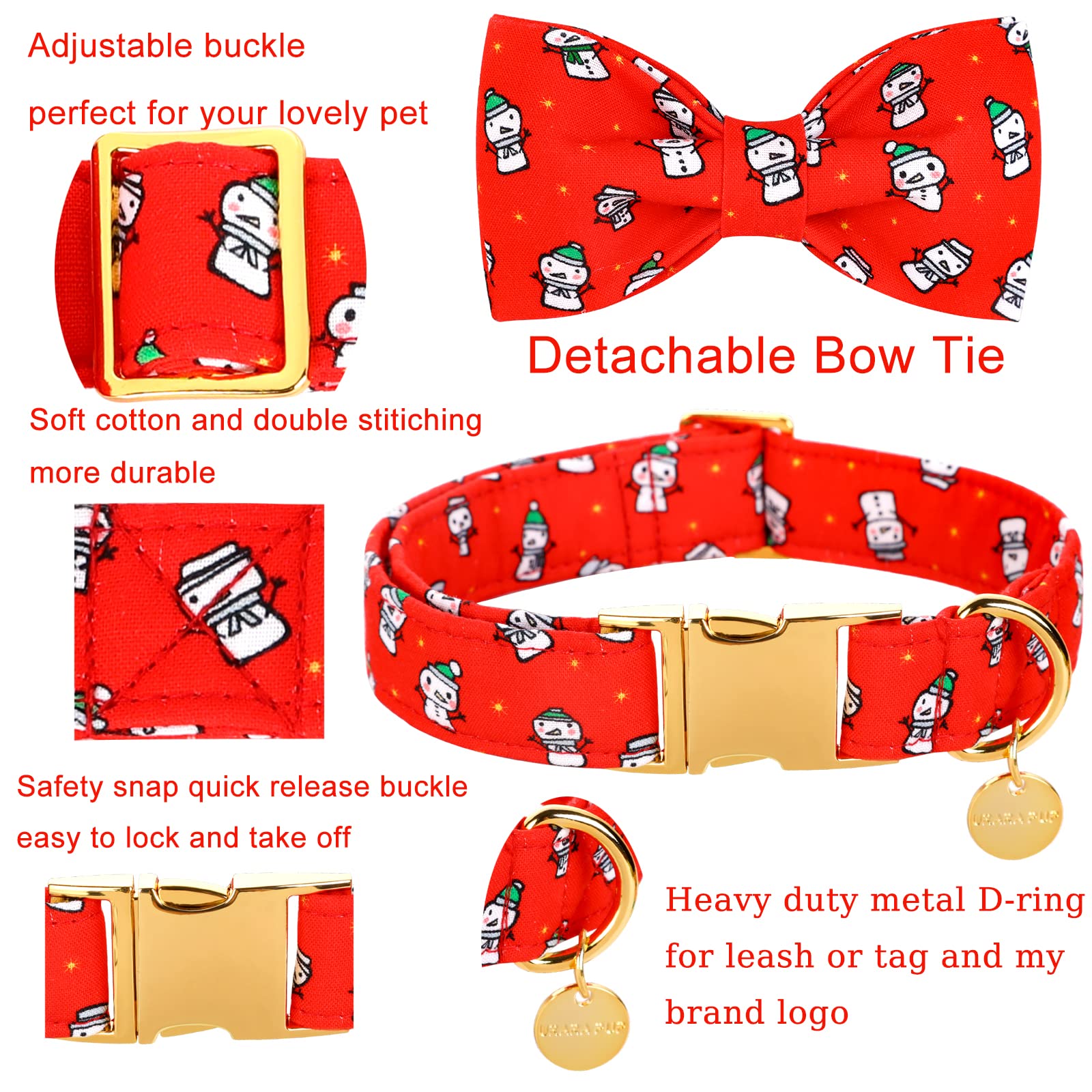 Up Urara Pup Dog Collar With Bow Tie, Christmas Comfortable Cotton Dog Bowtie Collar, Snowman Collar For Puppy Girl Boy Dog Or C
