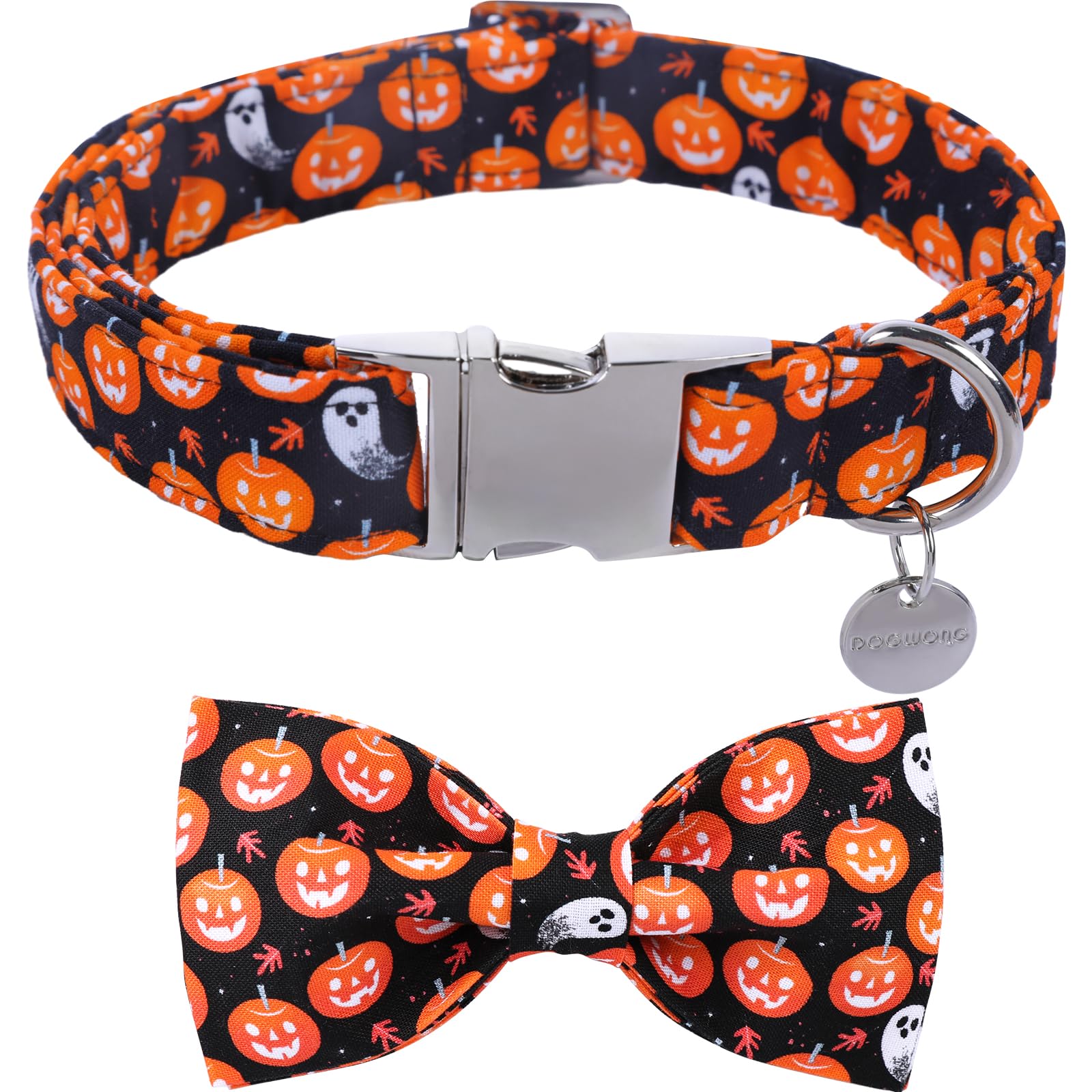 Dogwong Fall Dog Collar With Bowtie - Black Pumpkim Dog Collar Soft Cotton Autumn Dogs Necklace- Halloween Puppy Necklace For Sm