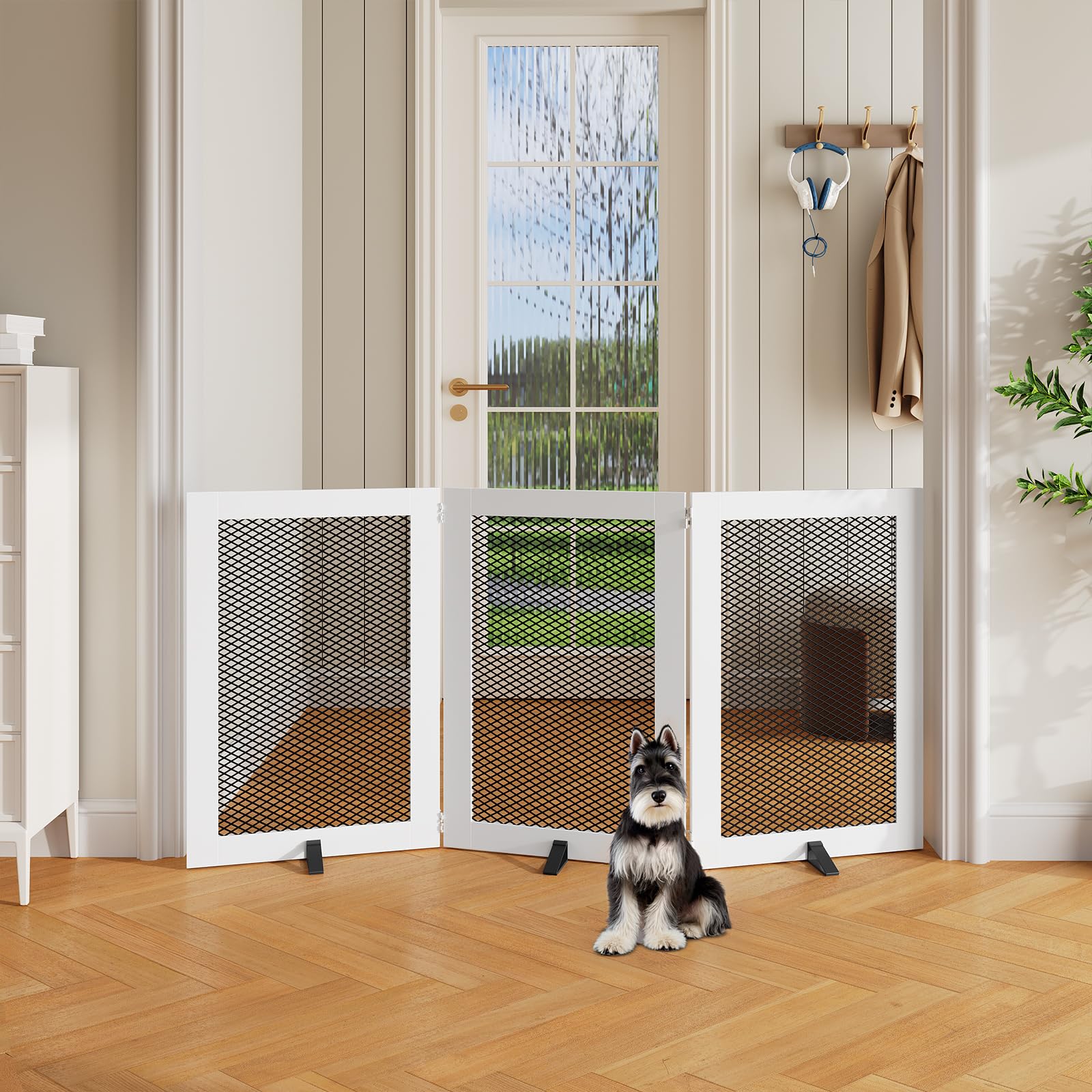 MAHANCRIS Freestanding Dog Gate Indoor, Foldable Wooden Pet Gate for The House Stairs Doorways, 4 Panels Tall Dog Fence with Sup