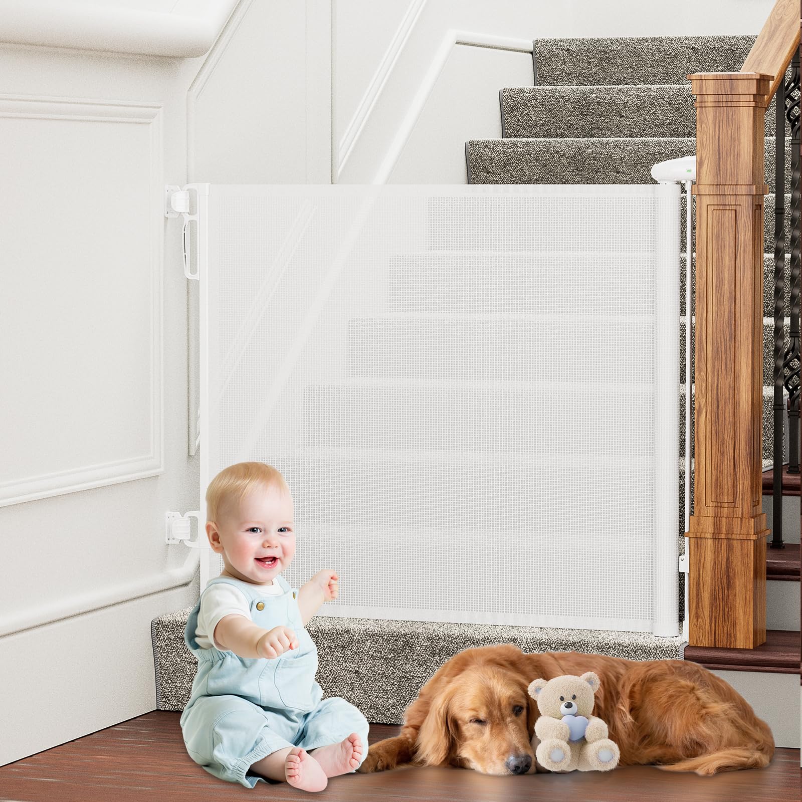 Retractable Baby Gates Extra Wide, Probebi Retractable Dog Gate For The House Extends To 54' Wide 34' Tall, Gates For Baby Indoor, Stair Gate For Outdoor, Staris, Hallways, Doorways, Deck, Porch
