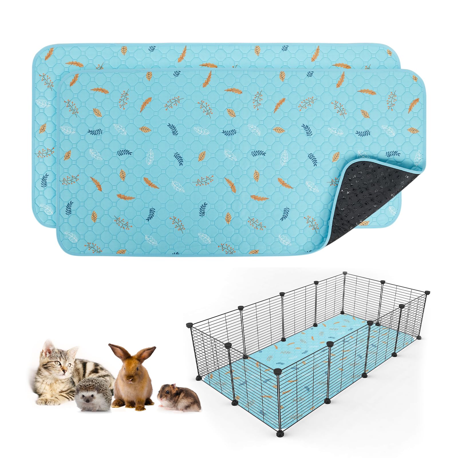 Sunheir 2 Pack Washable Guinea Pig Pee Pads, 24' X 48' Waterproof Reusable Guinea Pig Cage Liners, Absorbent Bedding Training Mat For Small Animal Guinea Pigs Rabbit Bunny Hamster - Sky Blue