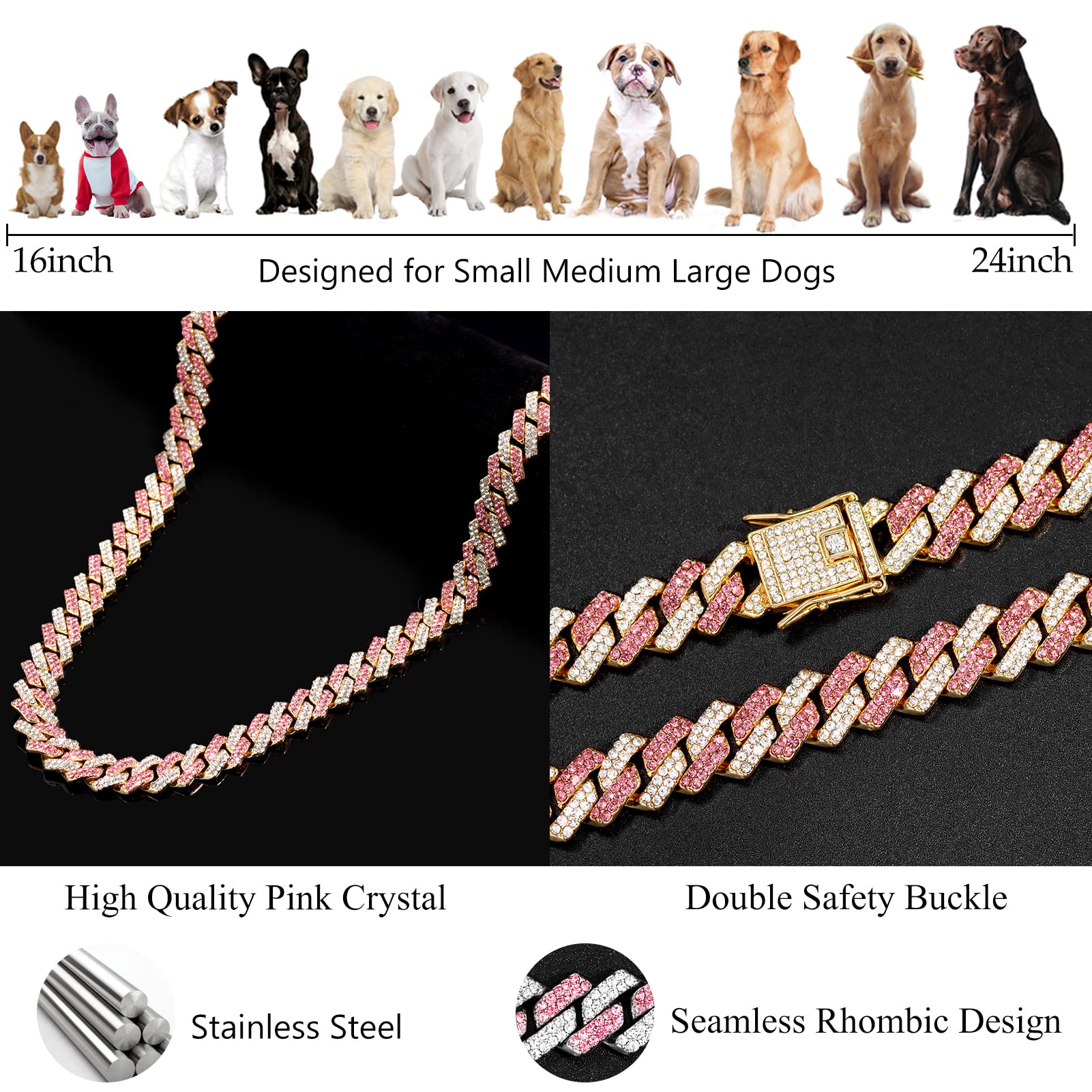 Fasdecon Gold Dog Chain Collar With Diamond Cuban Design, Secure Buckle For Medium Large Dogs (24Inch, Pink-Silver)