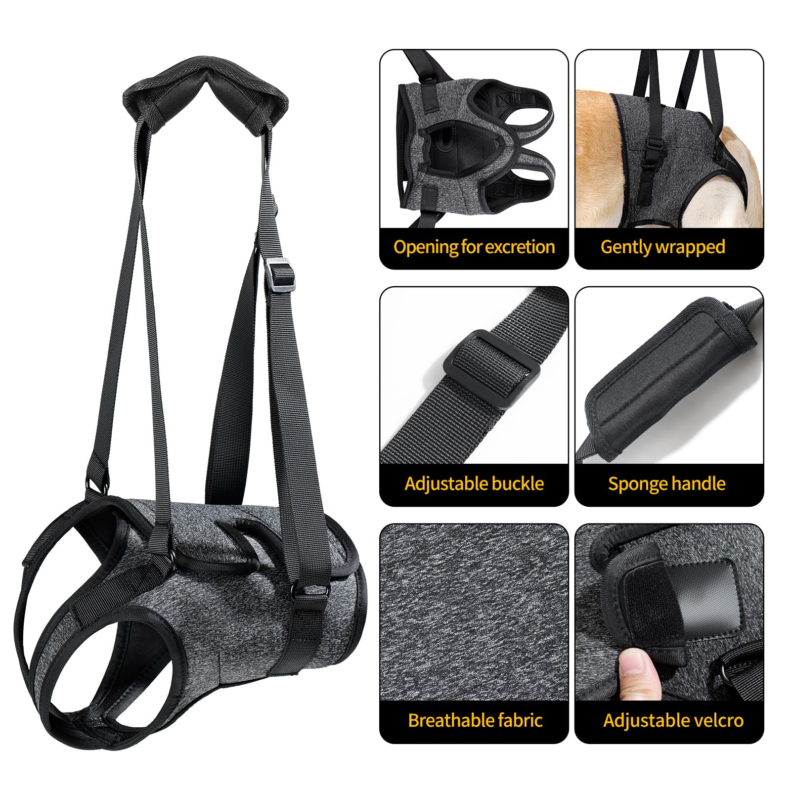 HEYWEAN Dog Sling for Large Dogs - Grey Nylon Hind Leg Support Harness, Model Dog-Sling-II, Ideal for Elderly & Injured Dogs